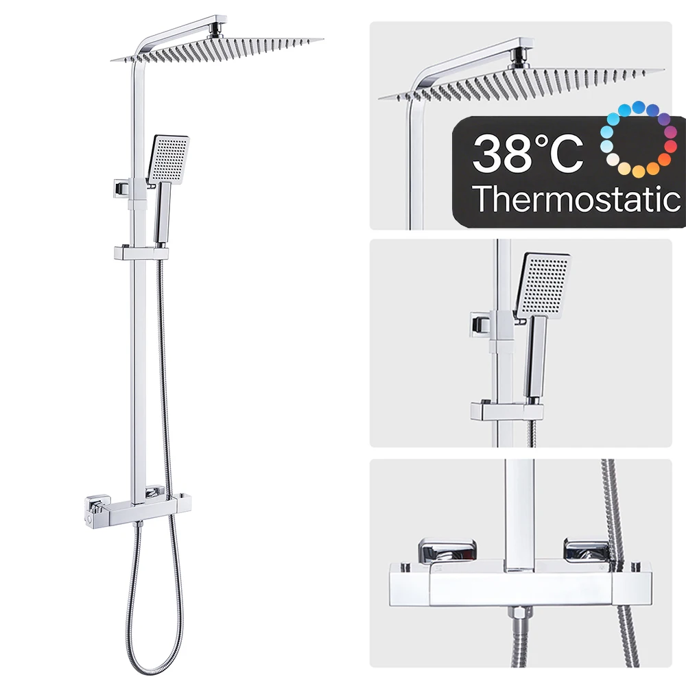 Auralum Thermostat-Duschsäule, Edelstahl mit Messingarmatur, 12 Zoll großer Duschkopf, 0,8–1,24 m, Duschsystem, Chrom, quadratisch