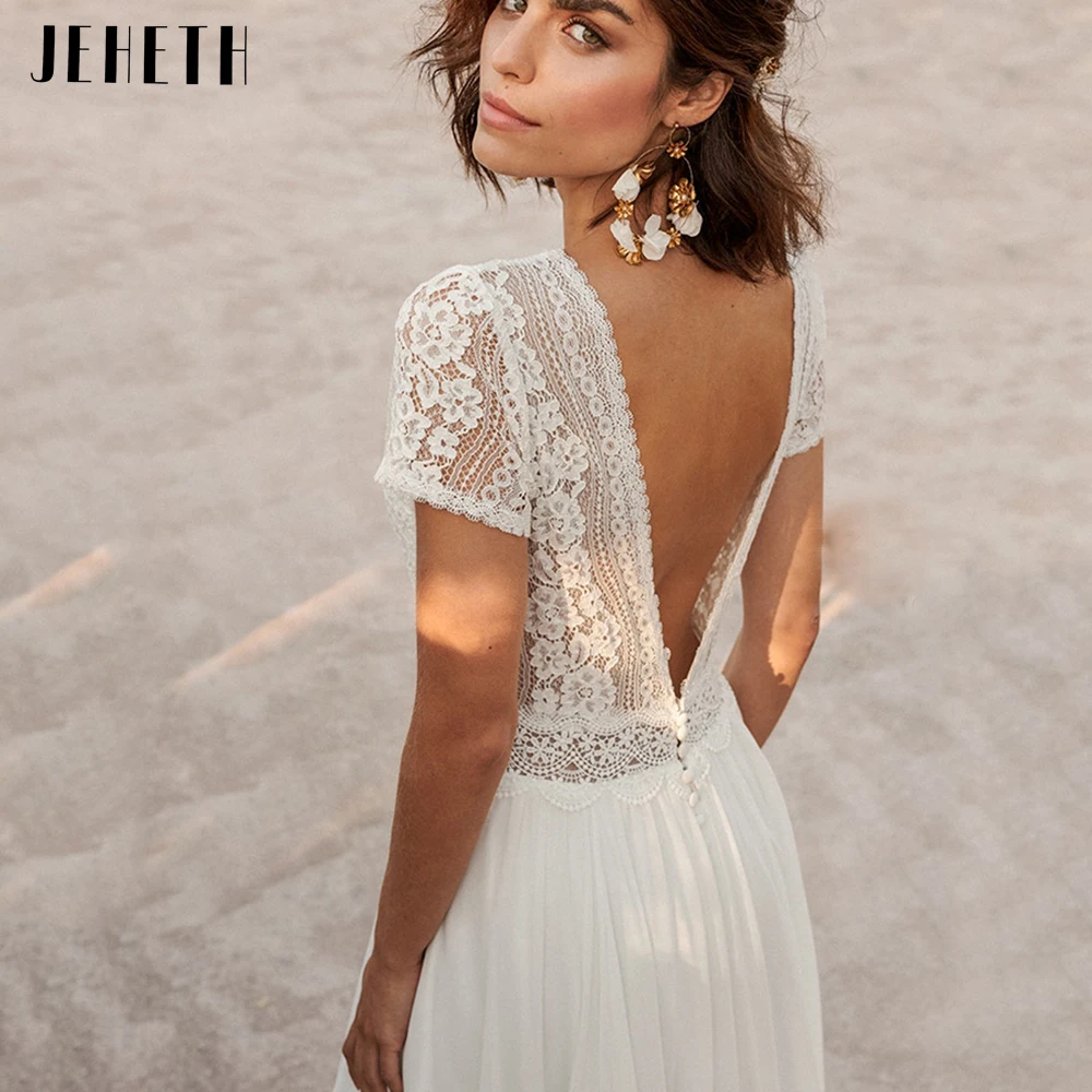 JEHETH Boho mangas curtas Vestidos de casamento V-Neck Backless Lace Praia Vestidos nupciais Até o chão Chiffon Vestidos De Novia فستان Boêmia vestido de casamento de mangas curtas v casamento de areia de cravos Vestid