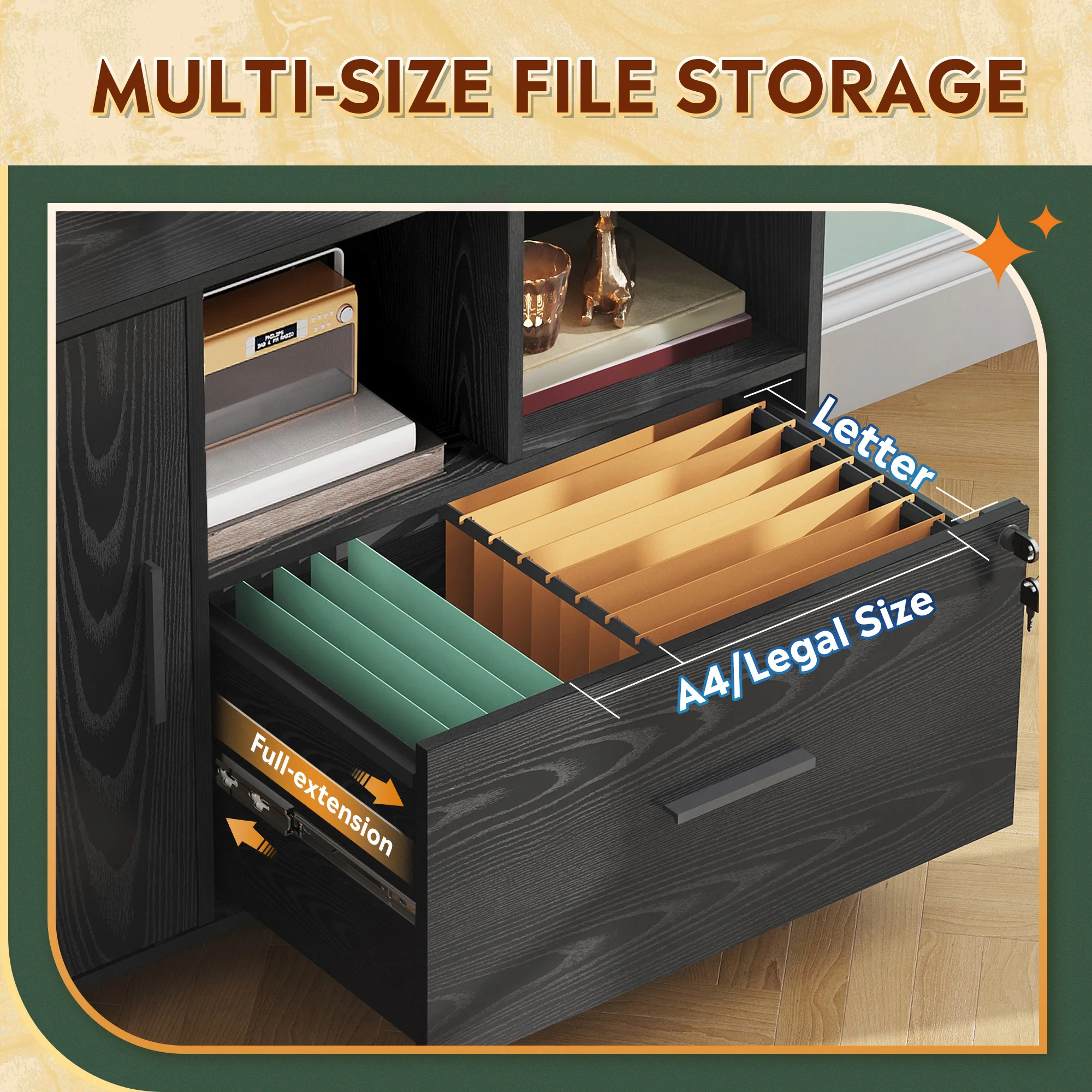 GALAXHERO مكتب قفل خزانة الملفات 1 درج الخشب الجانبي خزانة الملفات عجلات حامل الطابعة رفوف التخزين المفتوحة مكتب المنزل