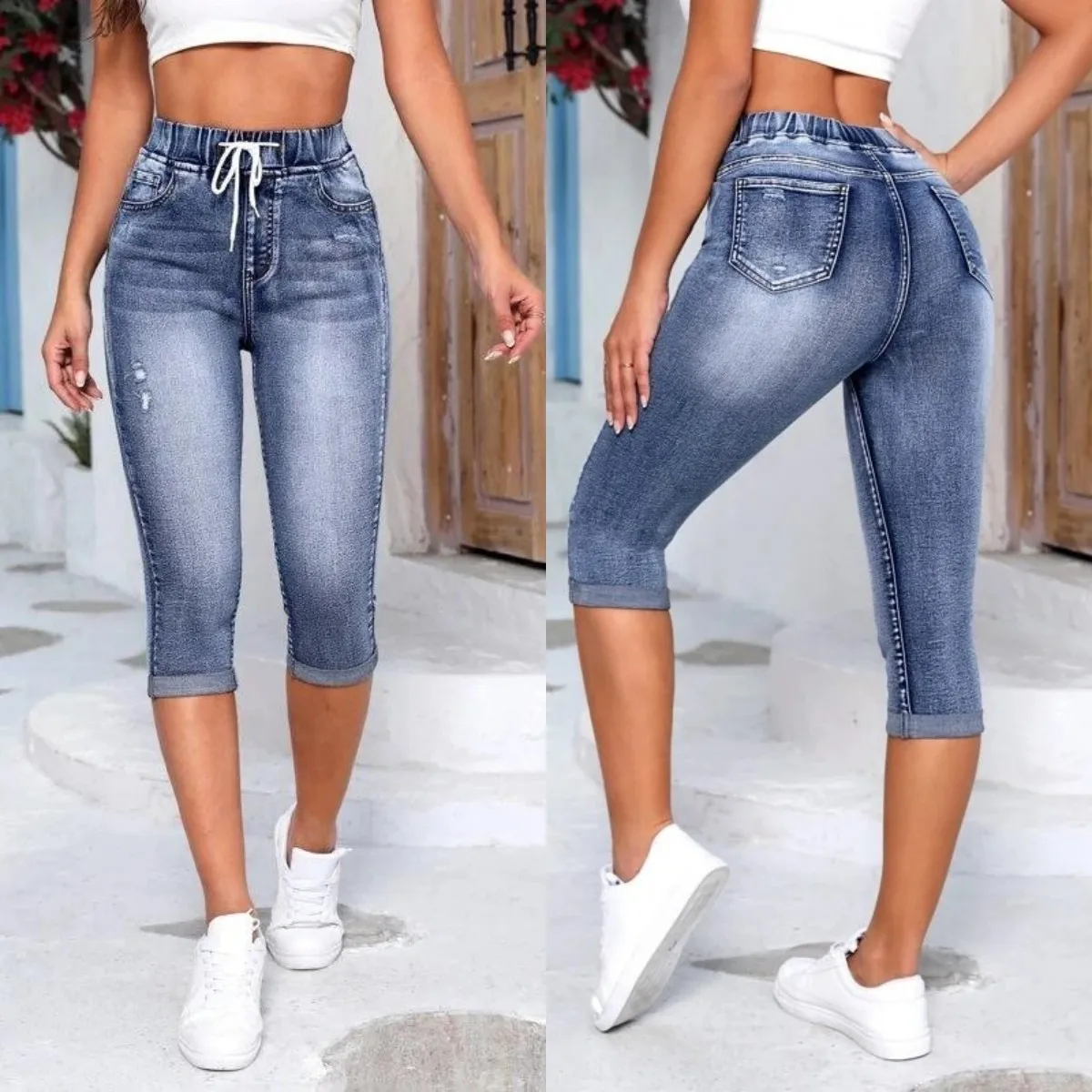 2023 New High Waist Ripped Calf-Length Jeans For Women Fashion High Stretch Elastic Waist Denim Pencil Pants Casual Skinny Jeans