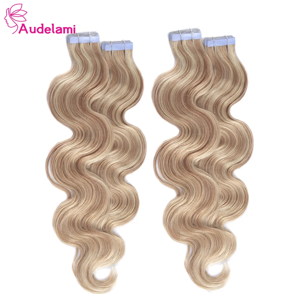 Audelami-extensiones de cabello humano 100% Real para mujer, extensiones de cabello con cinta en forma de ondas corporales, de 12 a 26 pulgadas, 2,0g por pieza, 40g por juego