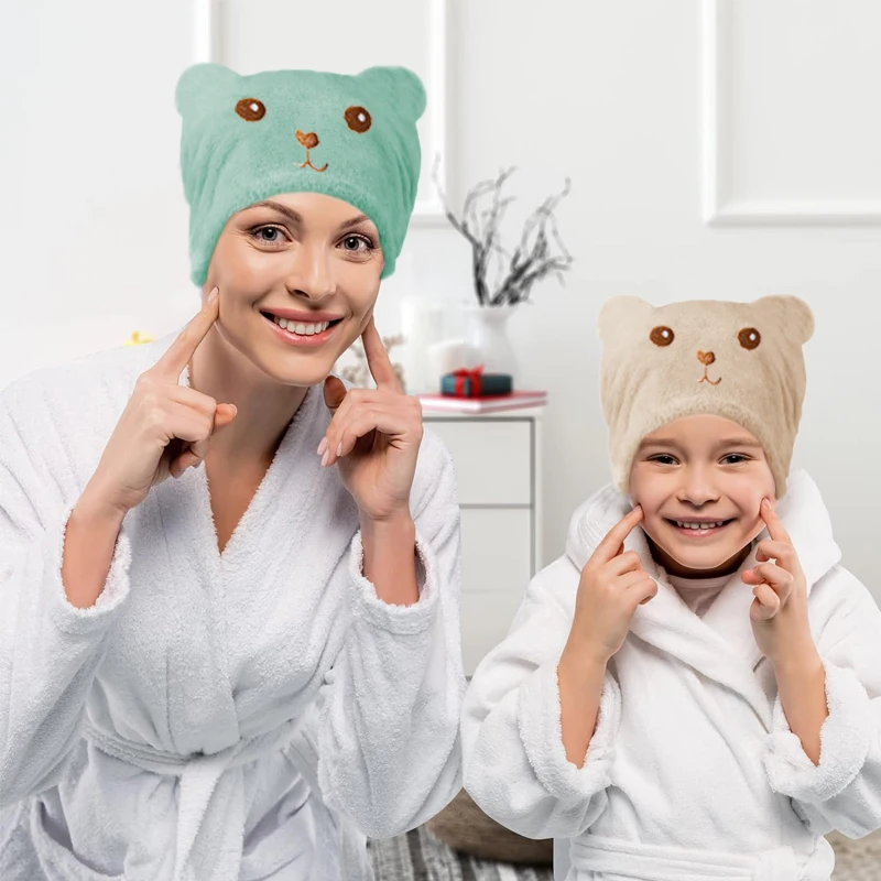 Quick-Drying Absorbent Hair Drying Cap for Women - Thick Microfiber,  Cute Bear Embroidery, Shower Head Towel