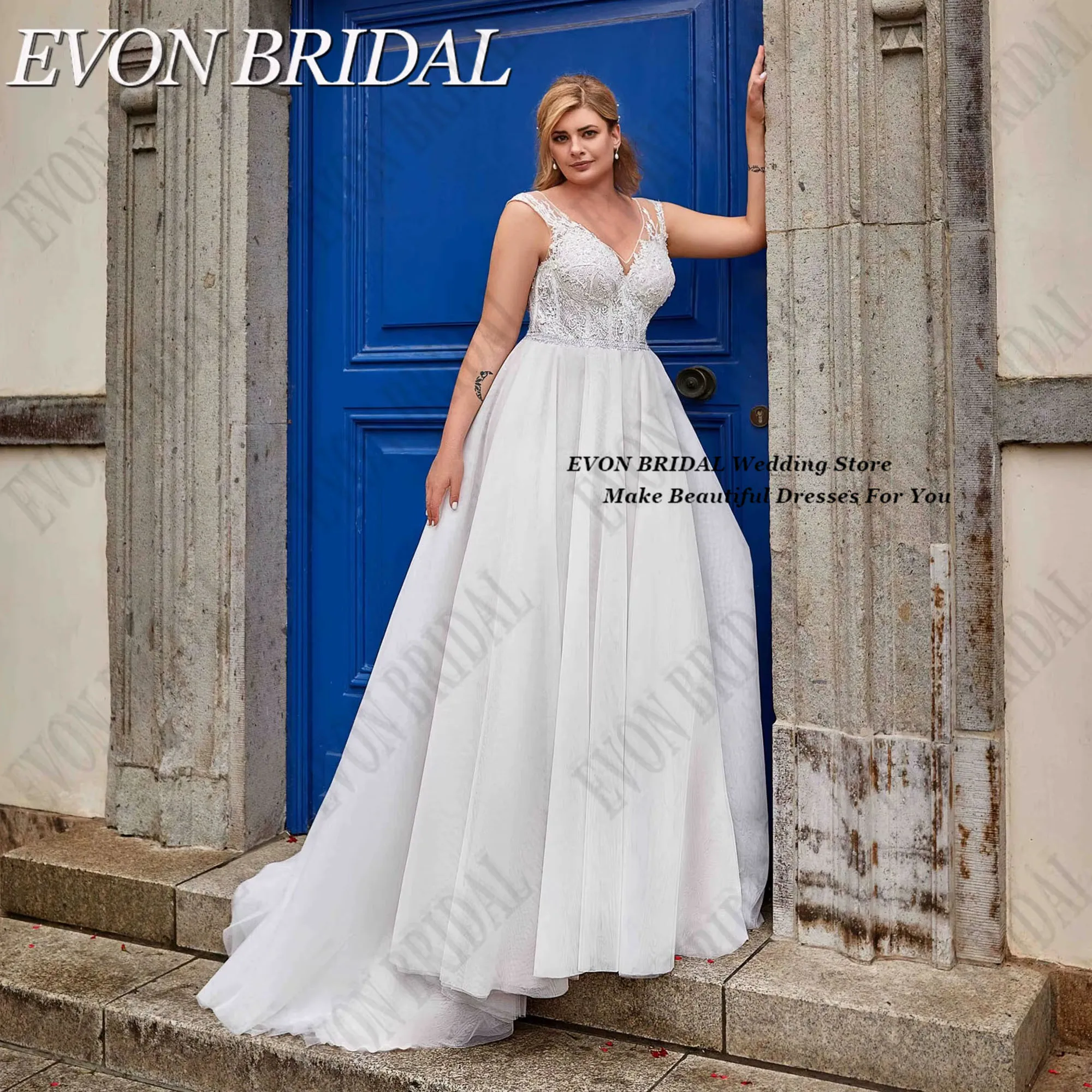 

Plus Size Civil Wedding Dress For Woman Applique V-Neck Bride Gowns Cap Sleeves A-Line Robe De Mariée Customized EVON BRIDAL