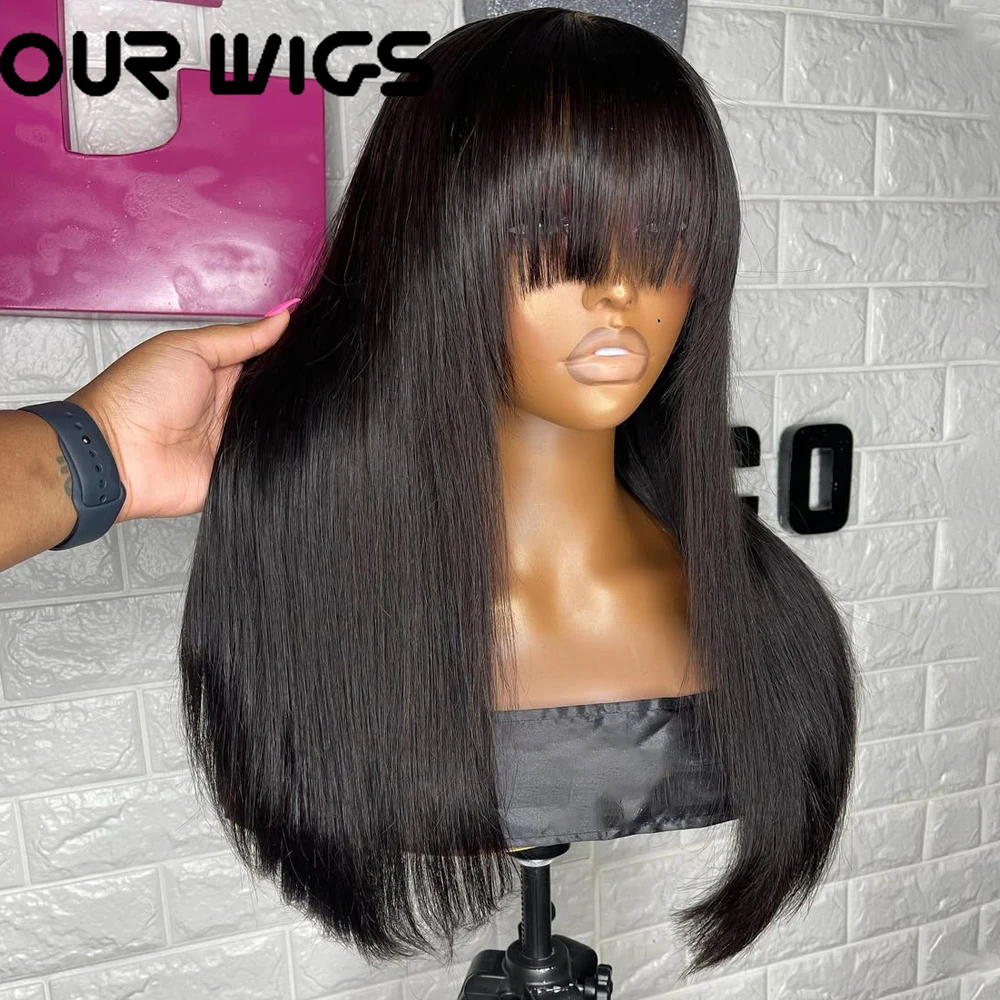 

Straight Lace Wigs with Bangs HD Glueless Wigs Synthetic Natural Layered Cut Lace Front Wig For Women Haircut Heat Resistant Wig