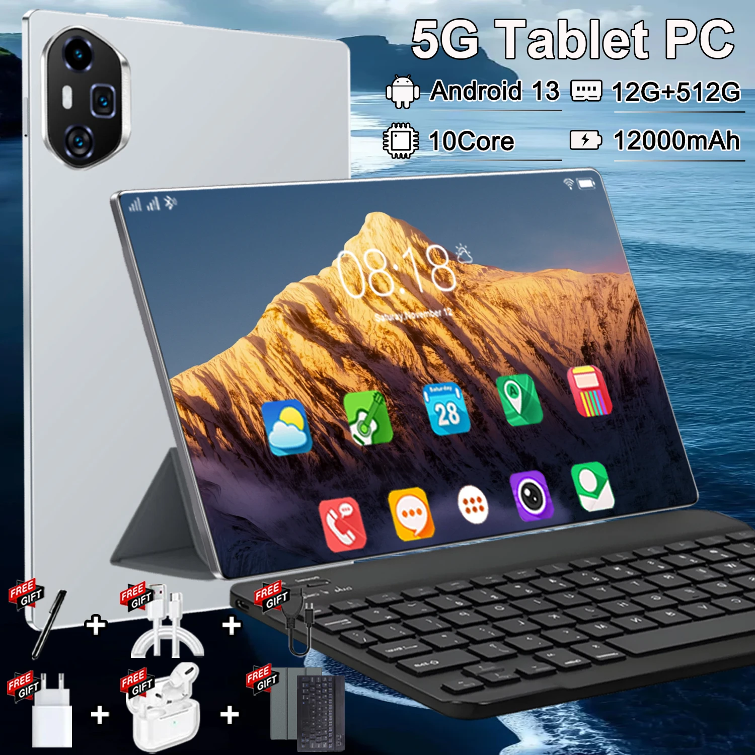 Tablette PC abordable 2026 avec écran Full Screen de 10,36 pouces, affichage HD IPS 4K, processeur 10 cœurs basse consommation, processeur Snapdragon 8 Gen2 performant, système d'exploitation Android 13 fluide, combinaison mémoire 12 Go + 512 Go, batterie 12000 mAh pour usage quotidien, Wi-Fi 5G, bleu