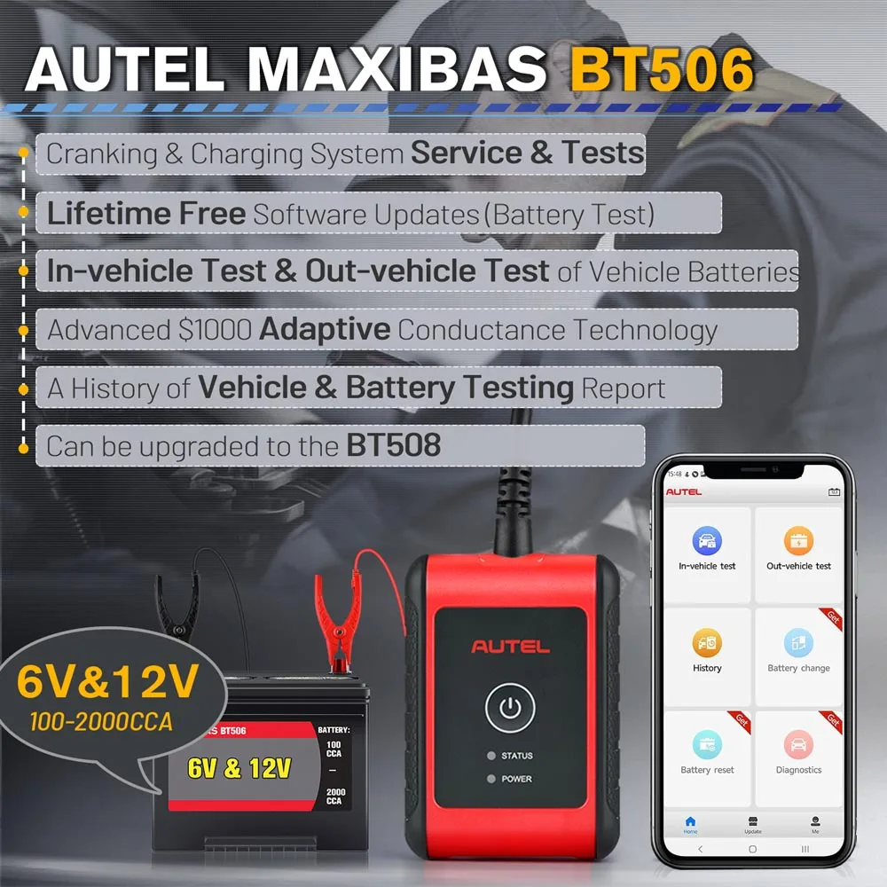 Autel MaxiBAS BT506 Car Battery Tester Auto Battery Electrical System Analysis Tool 6-12V 100-2000 CCA for Autel MaxiSys Tablet