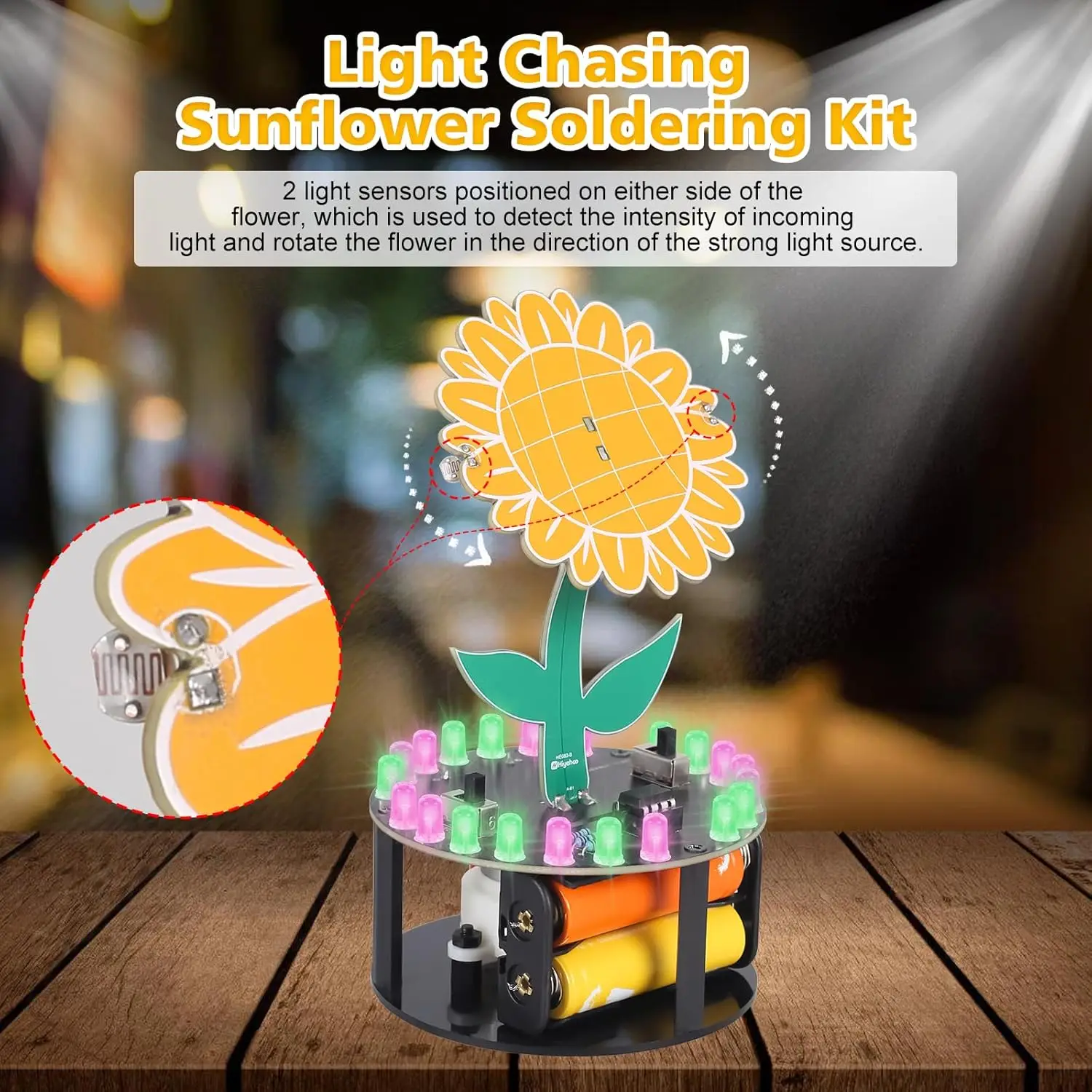 Light Chasing Sunflower Soldering Practice Kit DIY Rotating Sunflower Electronics Kit for Teens Adults School Science Class