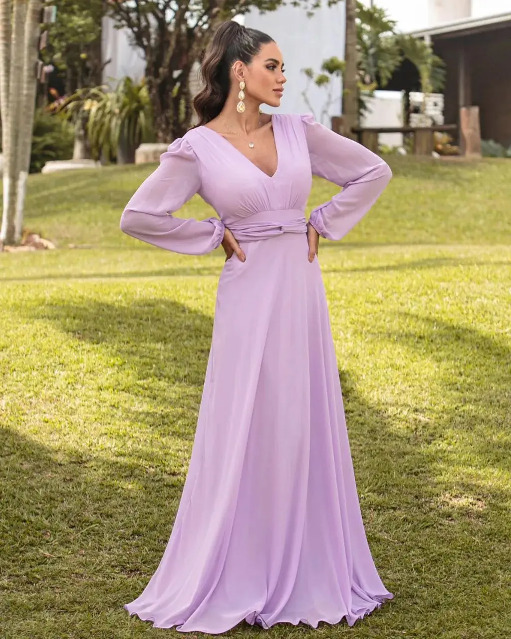 Vestido elegante con cuello en V para mujer, manga larga, línea A, gasa, hasta el suelo, madre de la novia, bohemio, invitados de boda, fiesta al aire libre