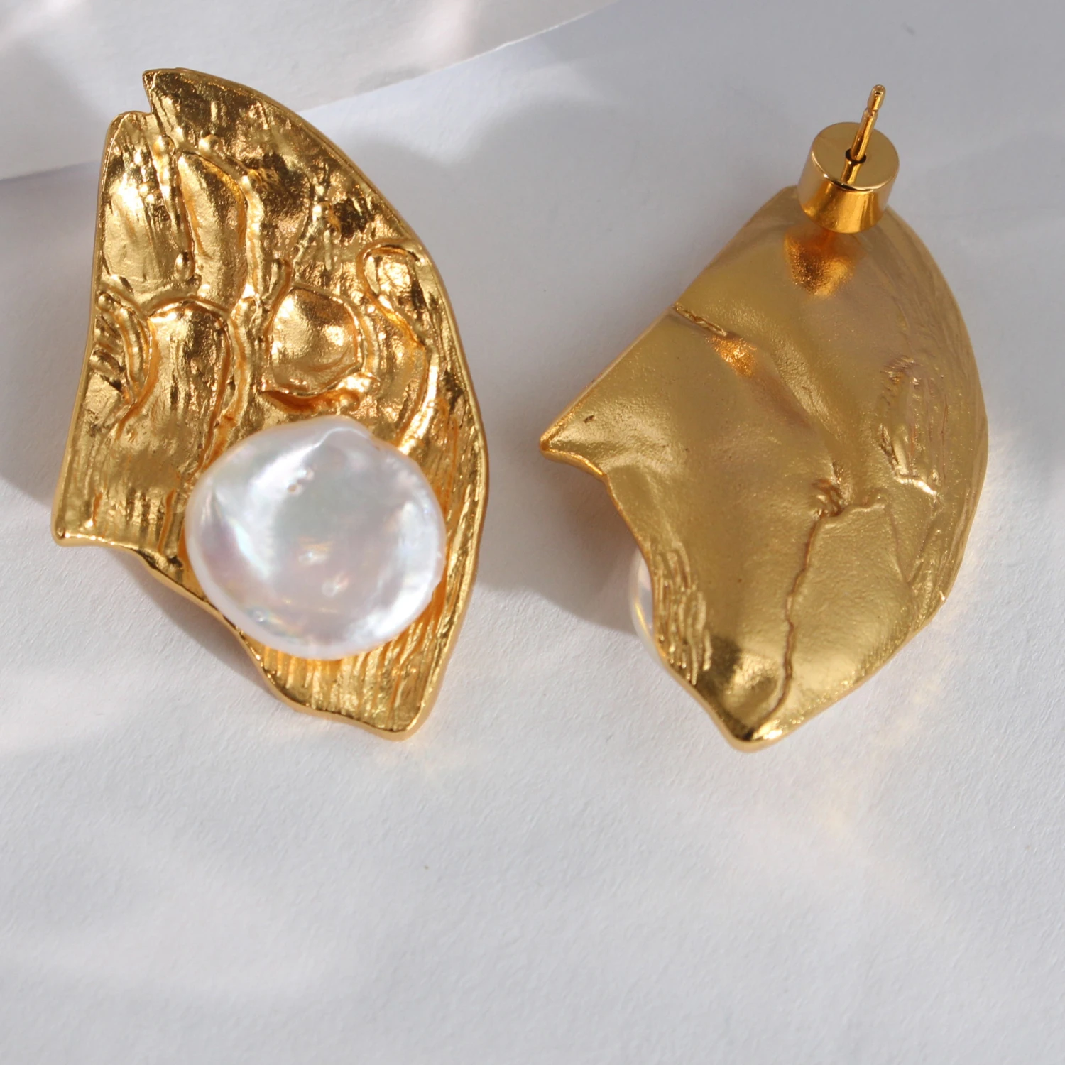YAJUNIEL 24K Real Gold Plated Textured Abstract Natural Freshwater Pearl Stud Earrings for Women Statement Earrings Jewelry Gift