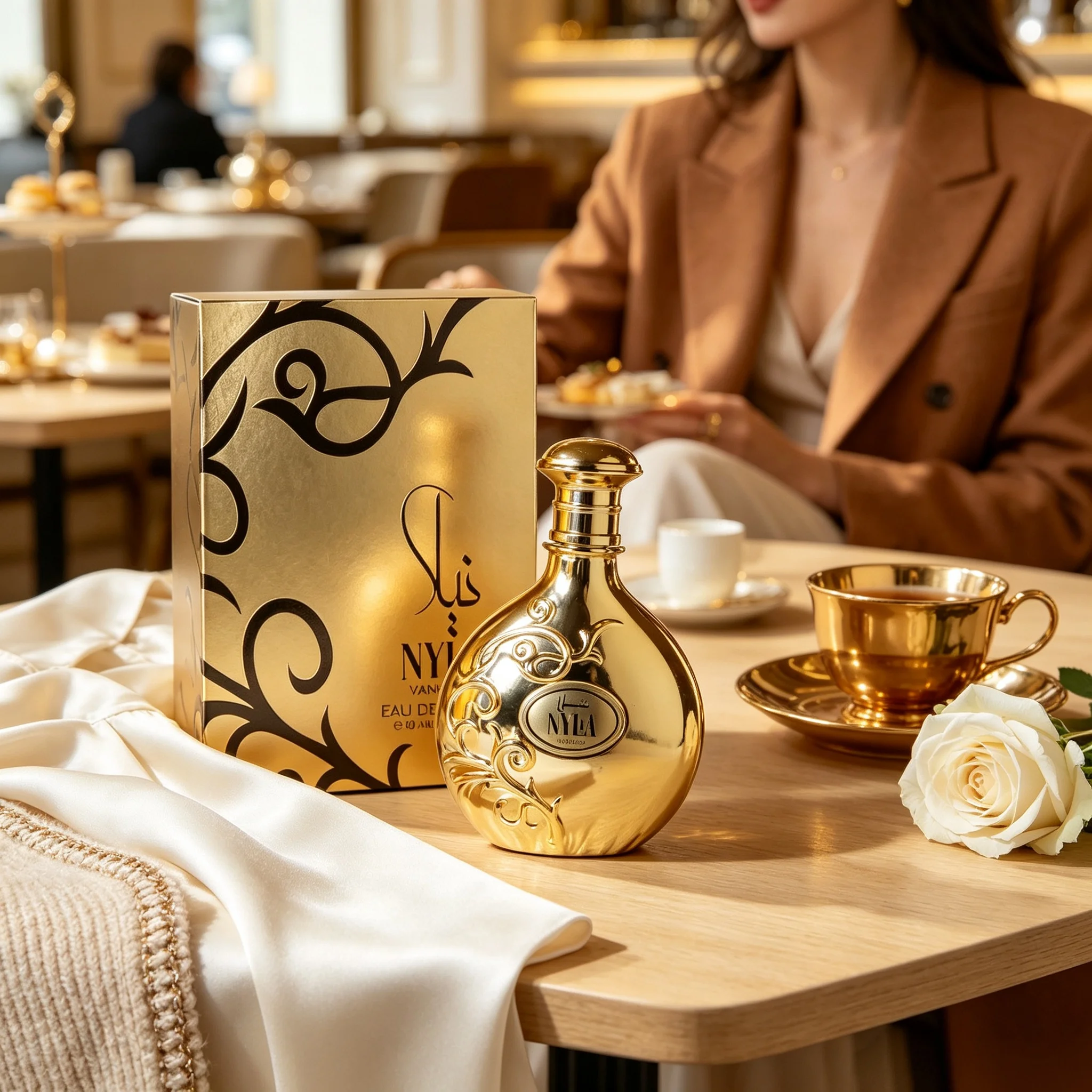 Arabiyat Prestige Nyla Women EDP Opulent Mild Rich Soft Juicy Peach White Jasmine Vanilla Musk Woody Fragrance Mirror Gold Embossed Bottle Gold Dome Cap White Gold Arabesque Box Calm Gentle Feminine Scent Spring Summer VIP Gala Holiday Gift Set view 3