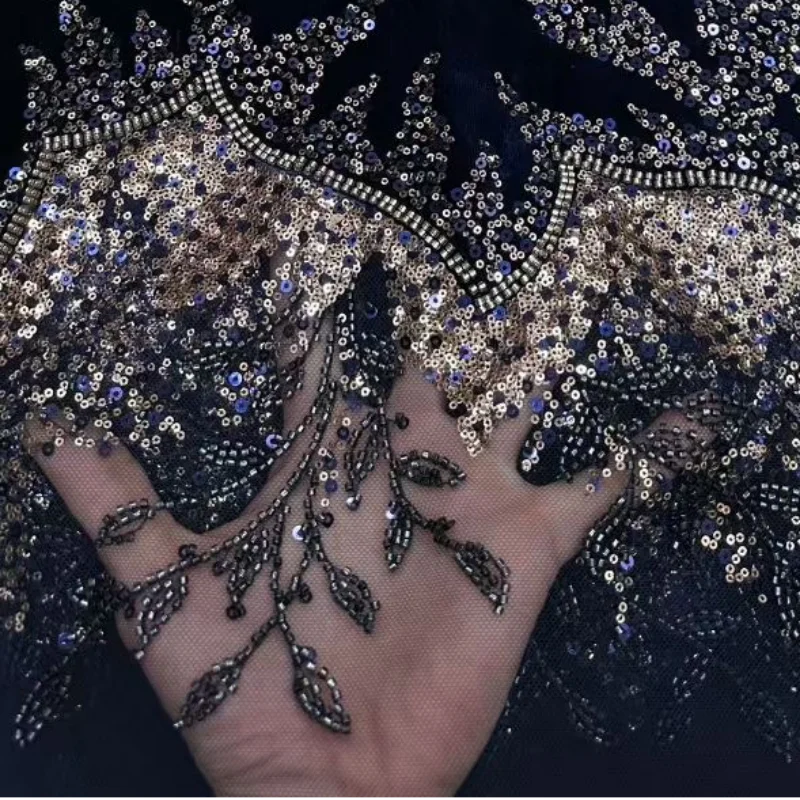 

Luxurious Lace Fabric 2026 High Quality Sequins Beads Velvet Mesh Material For Banquet Gown Dress Evening Party Gown Lace Fabric