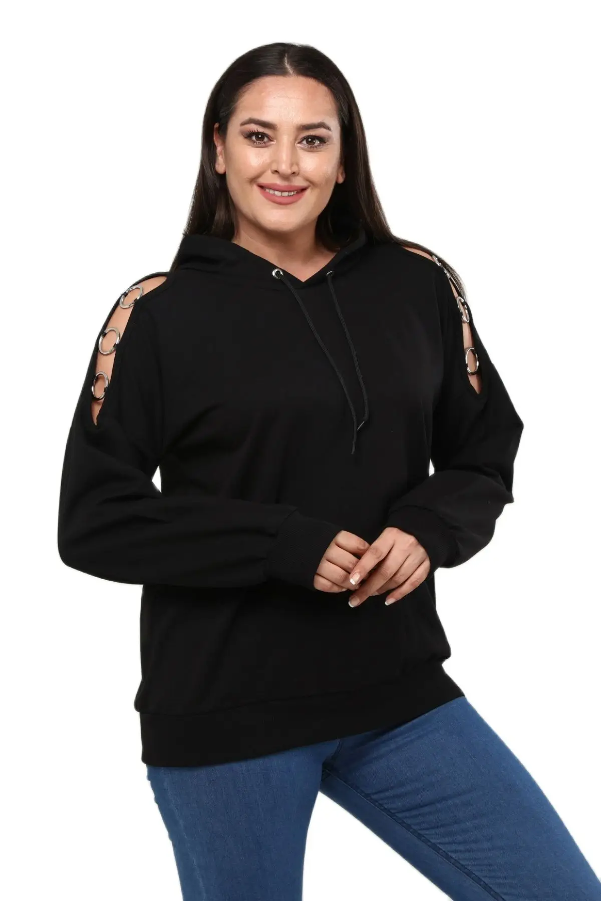 

Women’s Plus Size Black Hoodie Off Shoulder Ring Detail, Designed and Made in Turkey, New Arrival