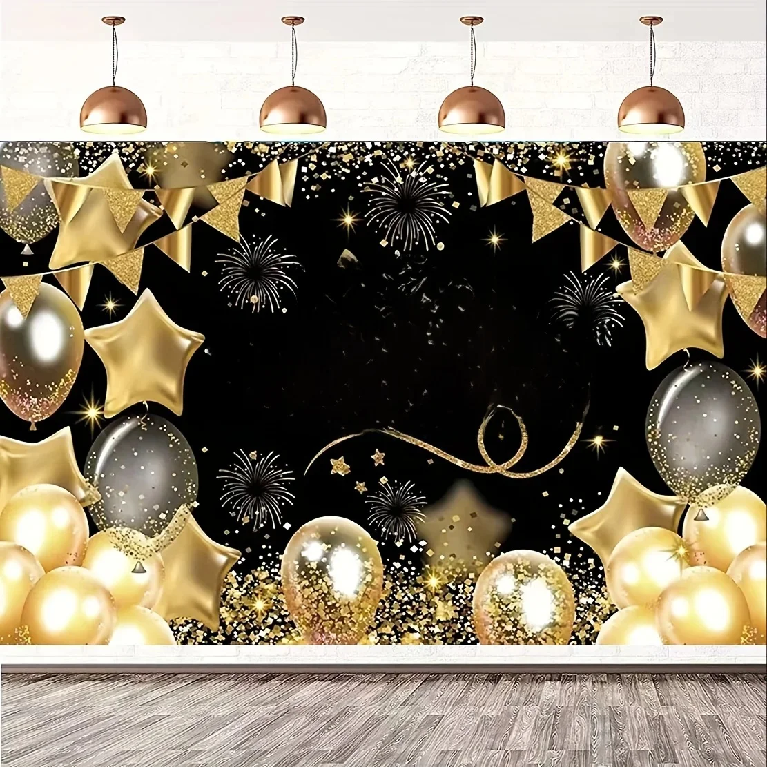 Fond de décoration de fête d'anniversaire, noir et or, 1