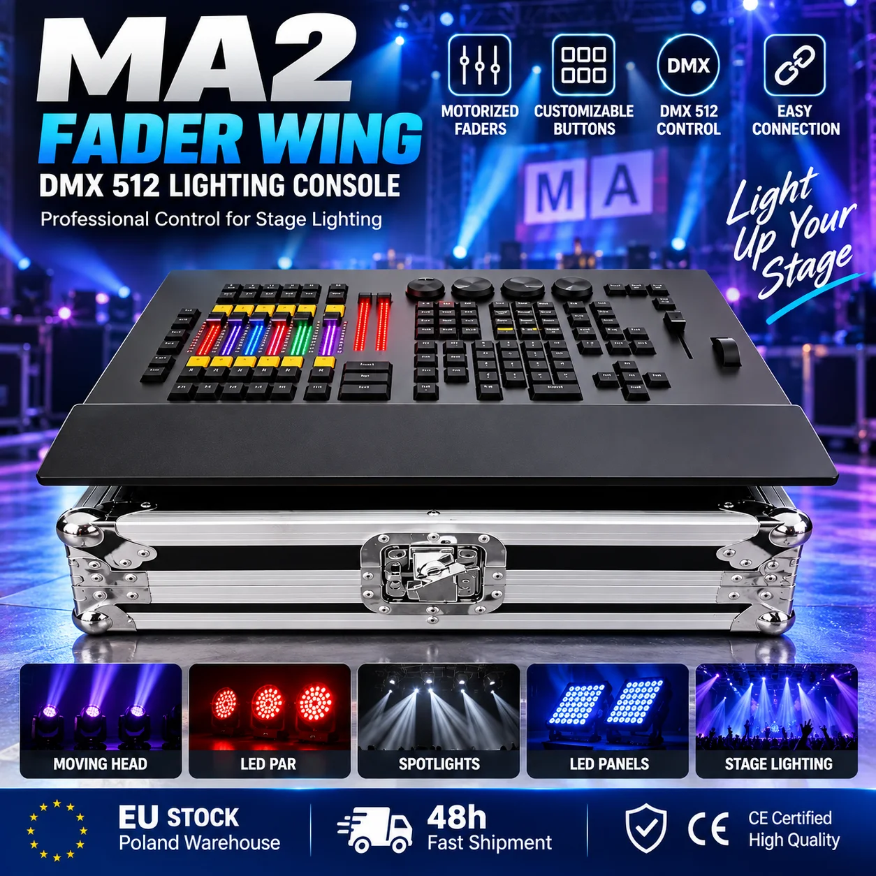 Console di illuminazione professionale MA2 Fader Wing DMX512 senza luce LED, controller per luci da palco certificato CE, per faretti LED Par e Moving Head, mixer per luci da DJ, discoteca e feste,