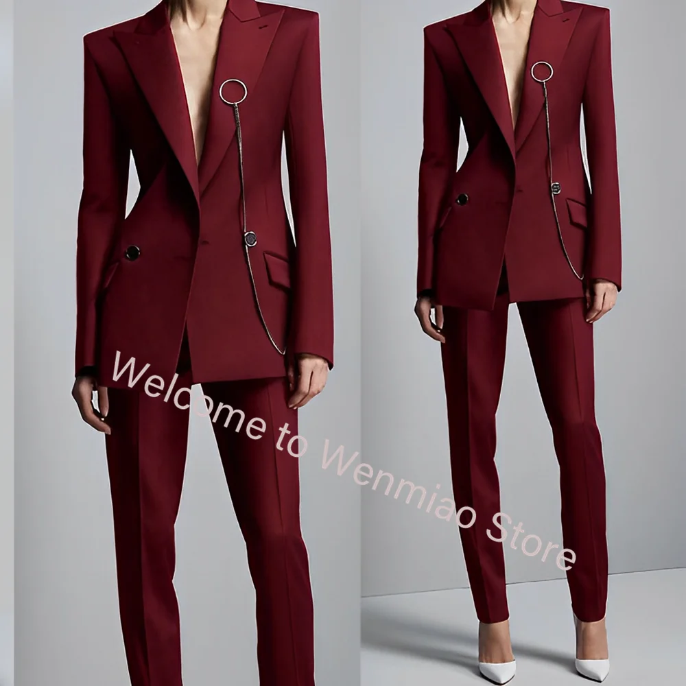 

Burgundy Women's Suit 2 Piece Wedding Formal Tuxedo Mom Blazer Pants Fashion Outfit Ladies Stage Wear