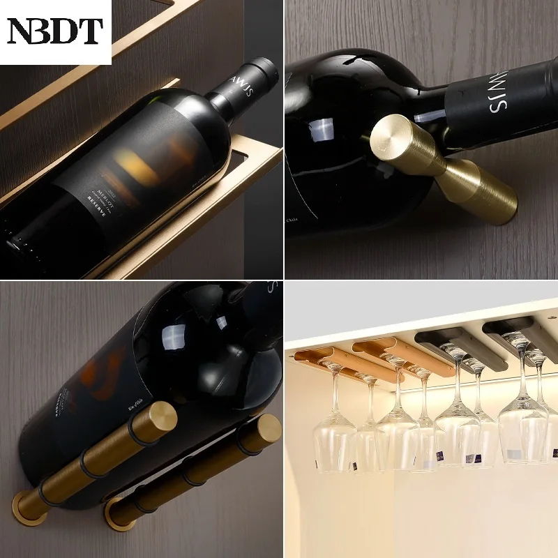 2Packs Aluminum Wall Mount Wine Bottle Stemware Rack Shelf Glasses Holder Black Gold Grey