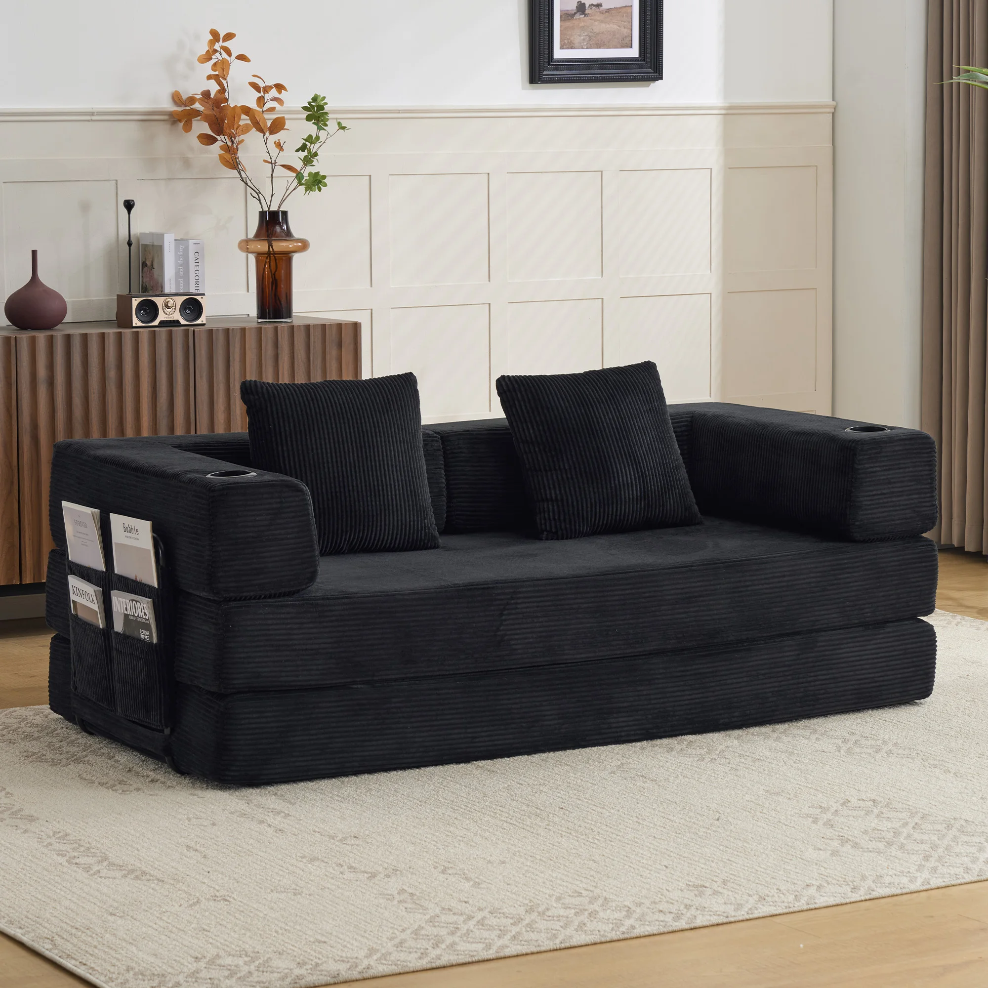 Canapé 2 places en velours côtelé noir compressé, dossier pliable, lit d'appoint pliable, porte-gobelet et sac latéral, 185x92,5 cm, polyvalent pour salon, appartement et bureau