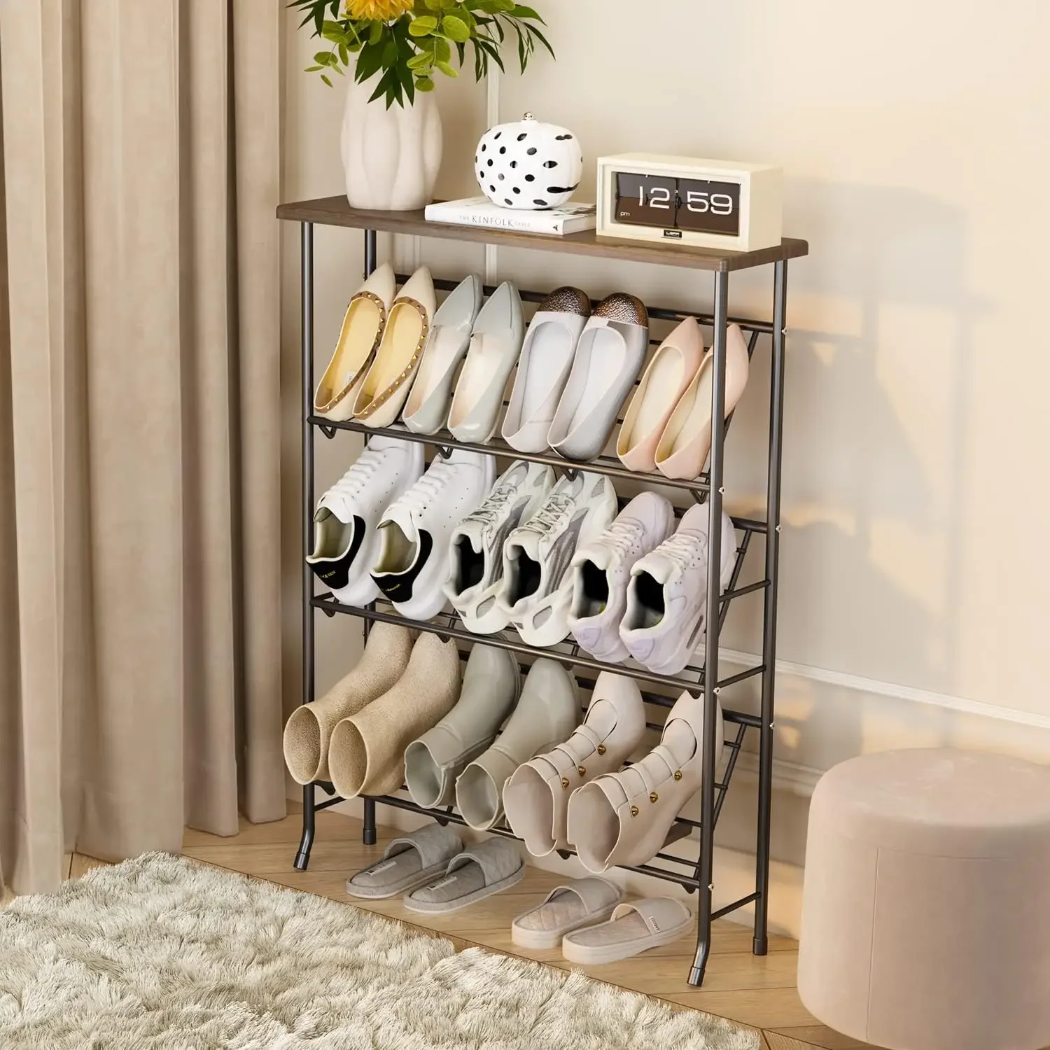 Furniture Shoe Rack Storage Narrow 4 Tier Metal Shoe Storage Shelf Free Standing Racks Space