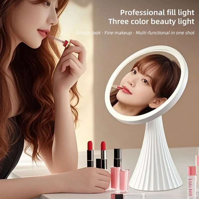 LED-Make-up-Spiegel, intelligent, verstellbar, dreifarbiges Licht, Schminkspiegel, Desktop, runder Desktop-Fülllichtspiegel, USB-Aufladung