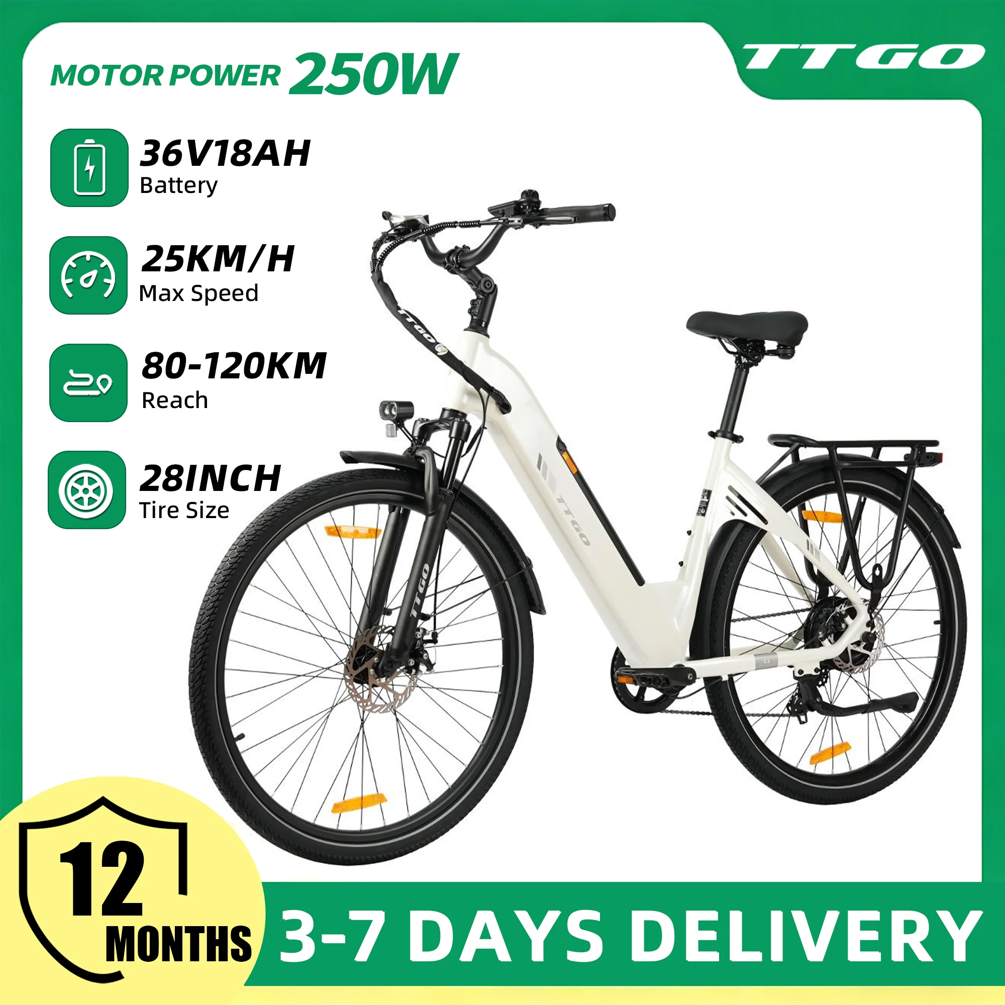 TTGO 28-Zoll E-Bike für Erwachsene, 250W 36V 18Ah Akku, City-Elektrofahrrad, 120 km Reichweite, E-Bike für Damen & Herren