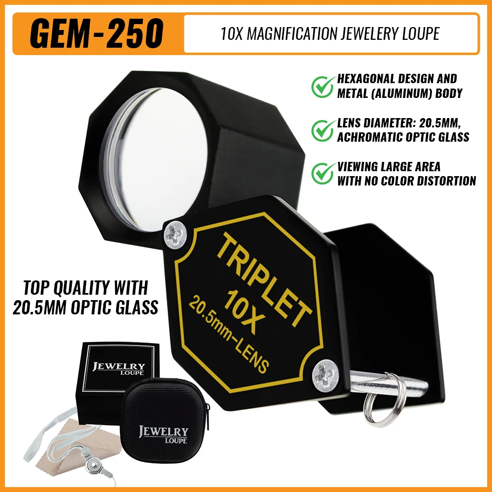 Lupa de joyería de aumento 10x, lente triplete de 20,5mm de diámetro, vidrio óptico acromático, herramienta de aumento de diseño Hexagonal, marco