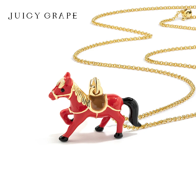 

JUICY GRAPE Red Horse Pendant Necklace Sweater Chain Keychain 18K Gold Plated Hand-Crafted Enamel Delicate Gift for Friends