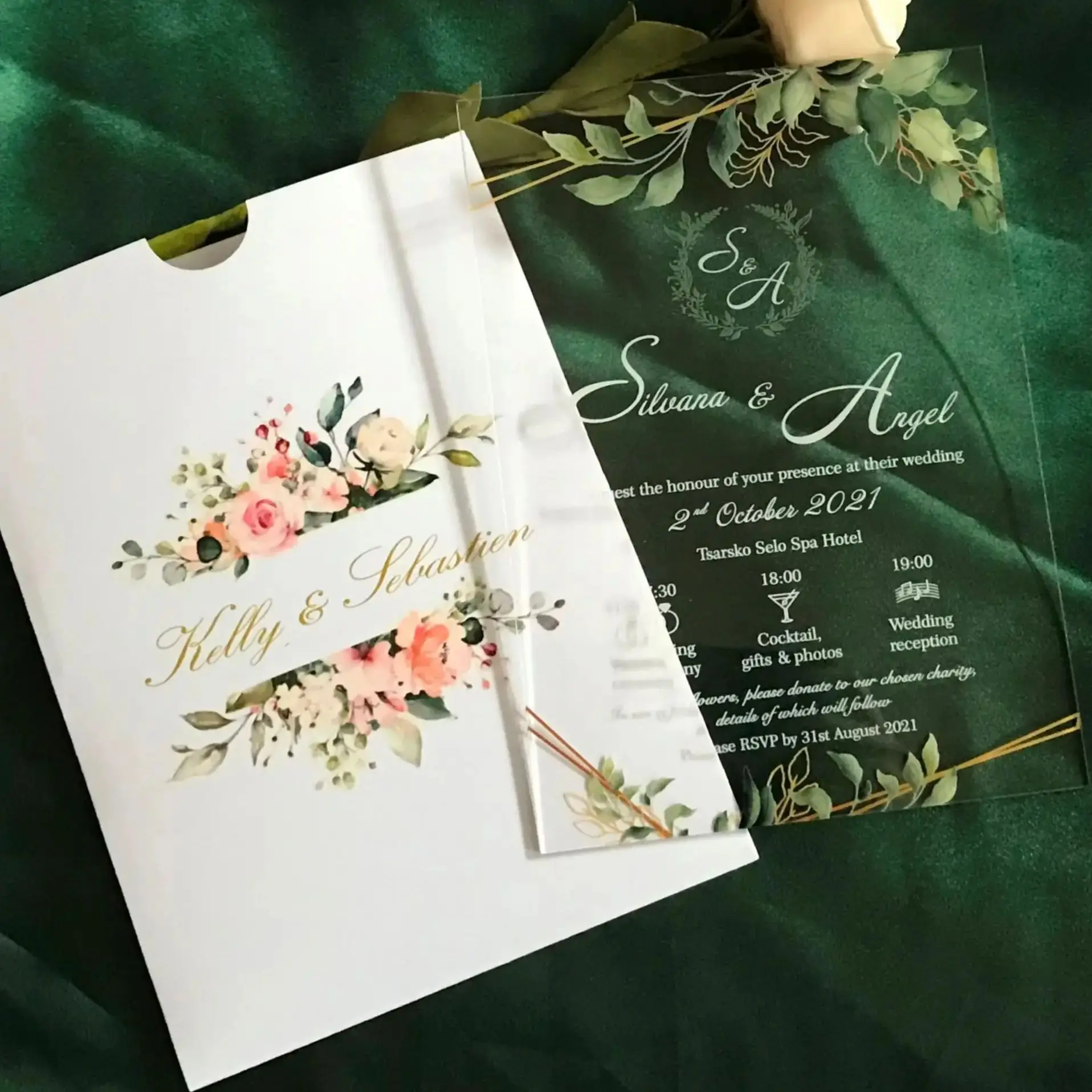 

Custom Acrylic Wedding Invitations with White Ink, Peony,Rose Flower Pocket, Acrylic Party Menu, Green Leaf, 10Pcs