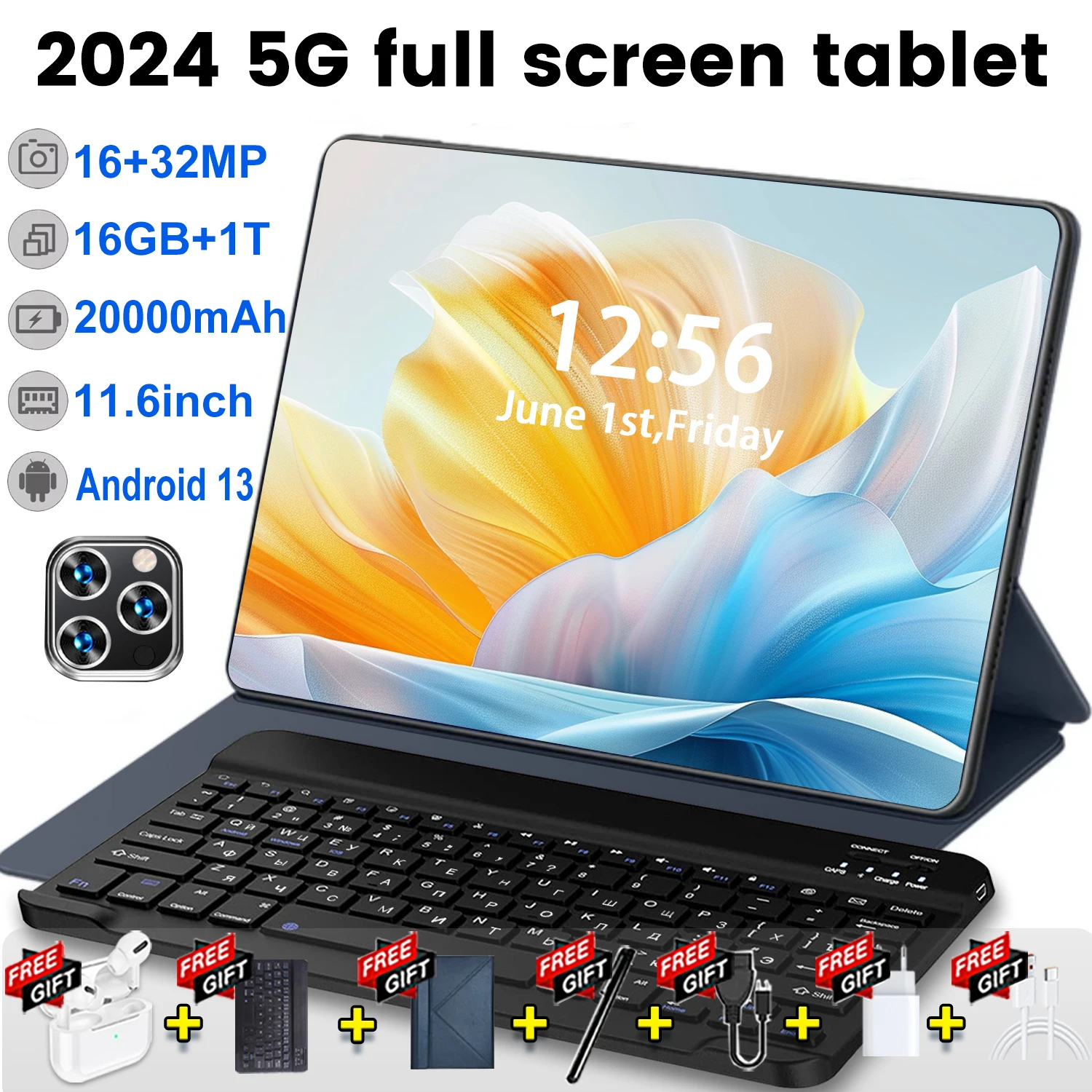 Tableta 5G de 2024 pulgadas, Tablet con Android 11,6, 13,0 mAh, 16GB de RAM, 1TB de ROM, Wifi, 14 núcleos, PC, red Global, 20000