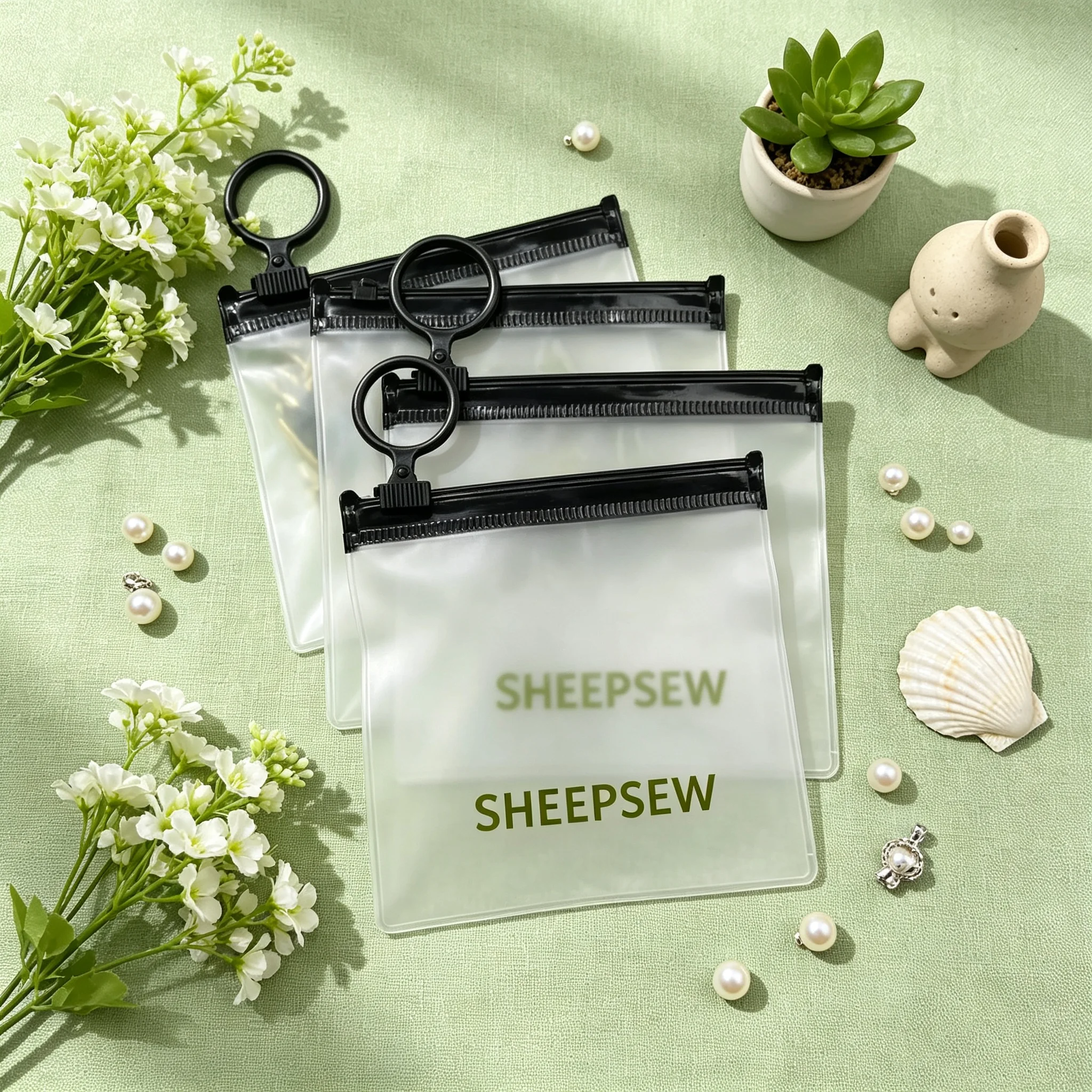50pcs Custom Logo Printed Security PVC Zipper Bag Vest Handle Transparent Frosted Self-Sealing Square Bottom for Jewelry Storage