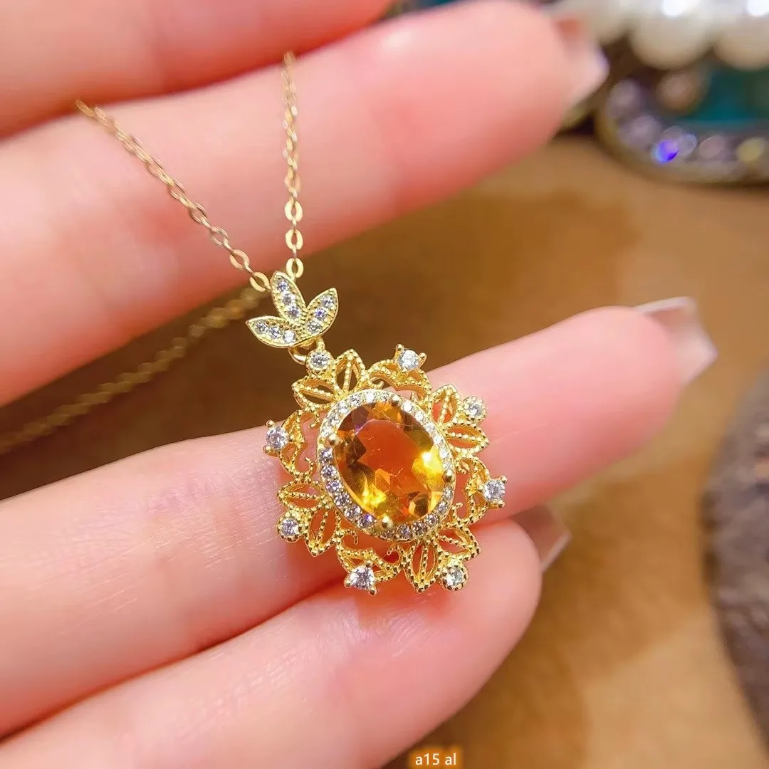 

Jewelry Girls' Pure Natural Yellow Crystal Necklace Pendant 925 Pure Silver Plated 18K Gold Unique Hollow Christmas Gift