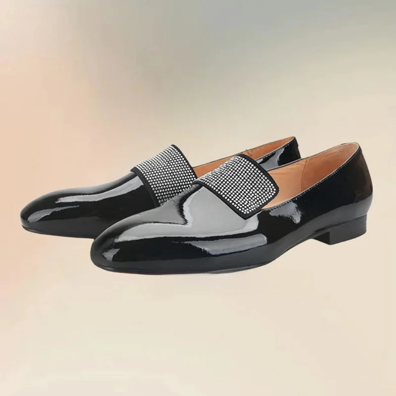 Kristall Dekor schwarz Lack leder quadratische Zehen Slipper Mode Slip auf Männer Schuhe luxuriöse