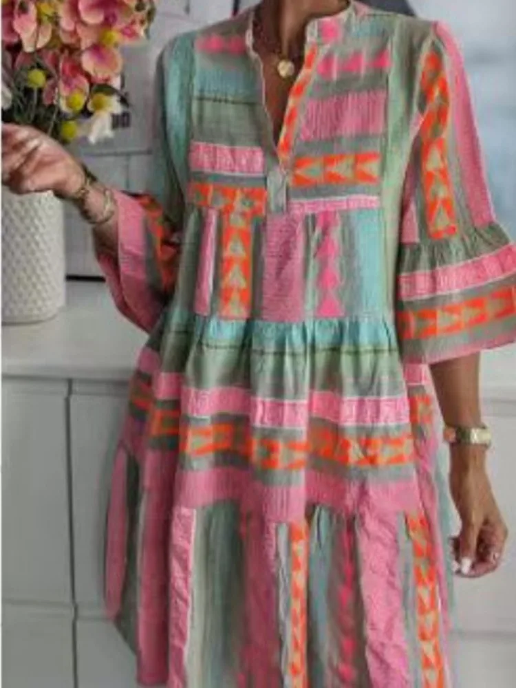 

SKMY 2025 New Summer Women Clothing Fashion New Printed Patchwork Stand Collar Three-Quarter Sleeve Casual Loose Midi Dresses