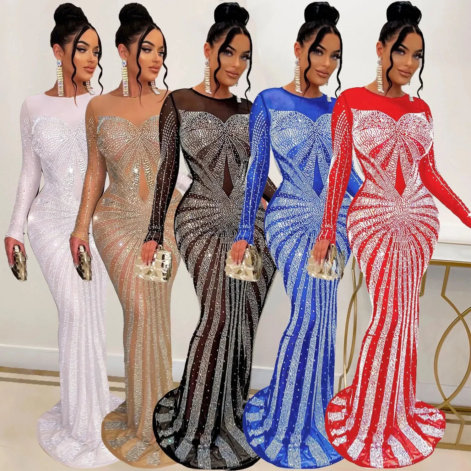 Sukienka damska Sukienki o długości do podłogi Okrągły dekolt Suknia imprezowa z pełnym rękawem Gorące wiercenie Hip Wrap Sexy Vestidos Wieczór Slim Fit — zdjęcie 2