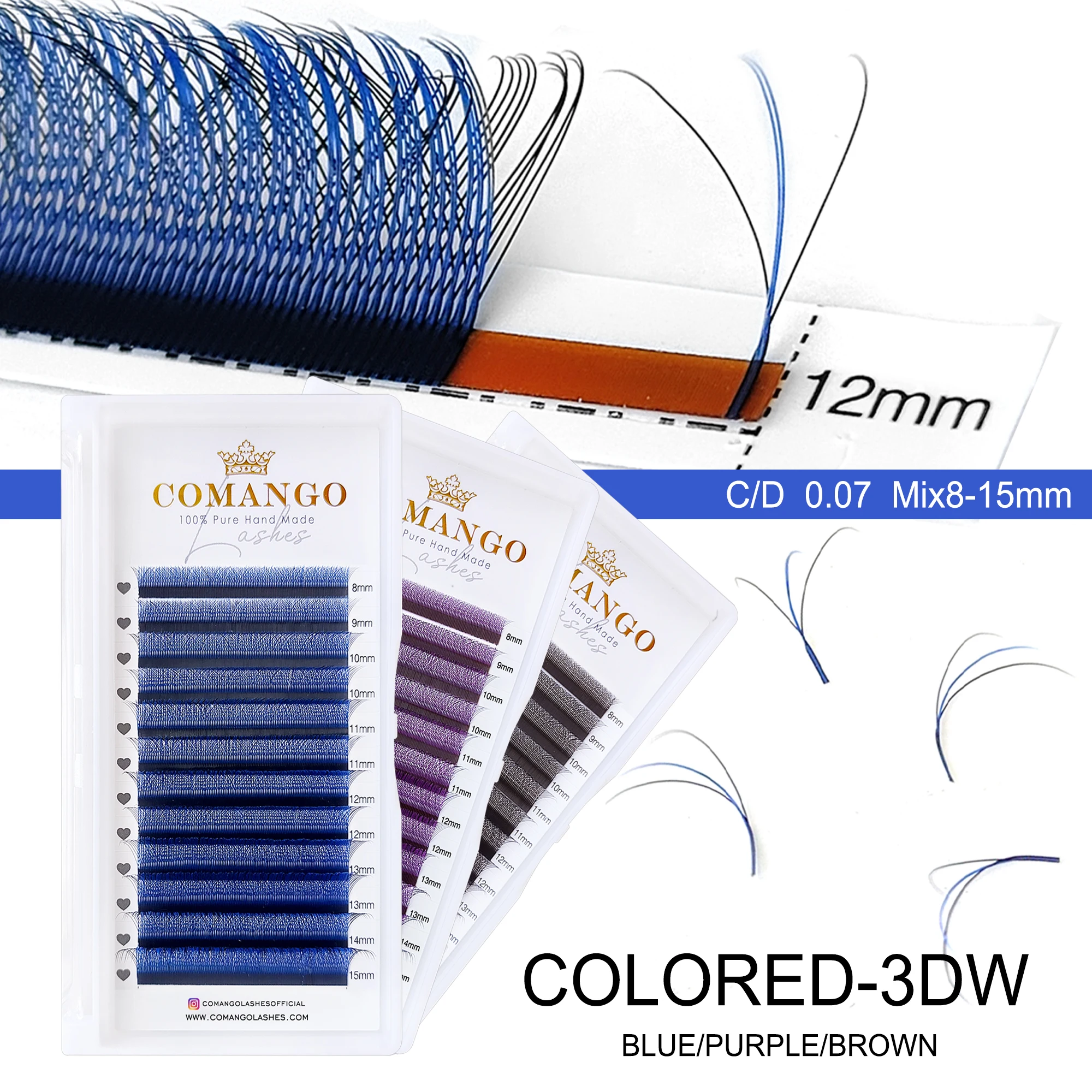 0.07mm Colored 3D W Lashes Extension Mix8-15mm 12Rows Blue/Purple/Brown Colorful Eyelash Extensions Professional Lash Supplies