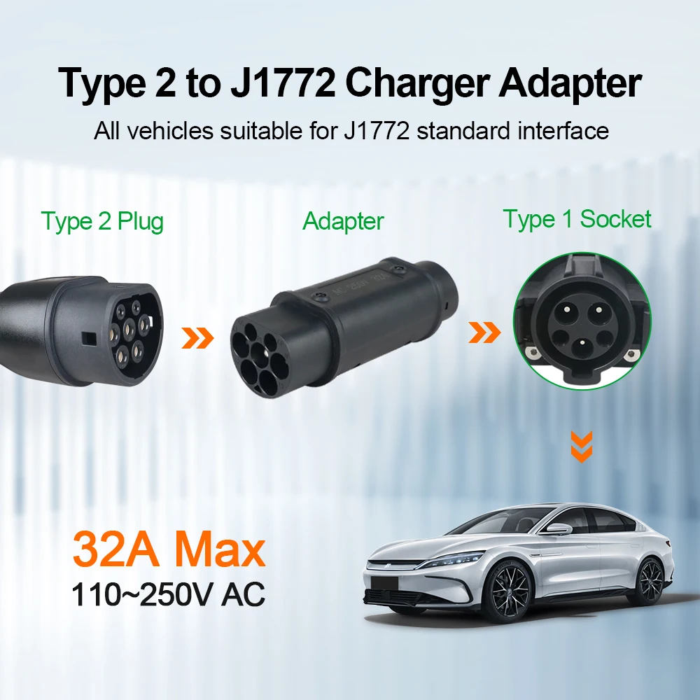 Adaptador de cargador EV para vehículo eléctrico, convertidor de conector de carga, 32A, 1 fase, 7,2 kW, tipo 2, IEC62196-2 a tipo 1, SAEJ1772