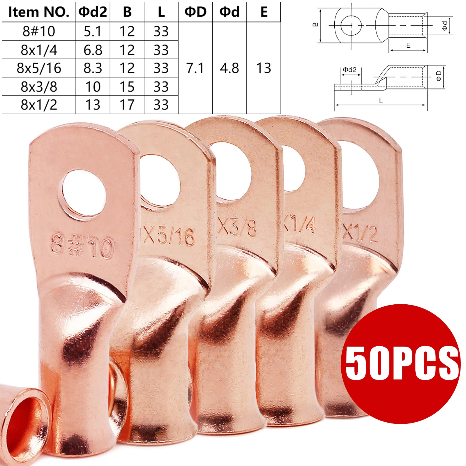 

GIE.TOP 50PCS Gauge Battery Cable Copper Tubular Ring Terminals Crimp Wire Heavy Duty R Lugs 8AWG #10 1/4" 5/16" 3/8" 1/2"