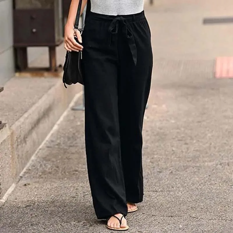 

Women Thin Cotton And Linen Pant Solid Elastic Waist Wide Leg Trousers Comfortable Commuter Versatile Female Clothing