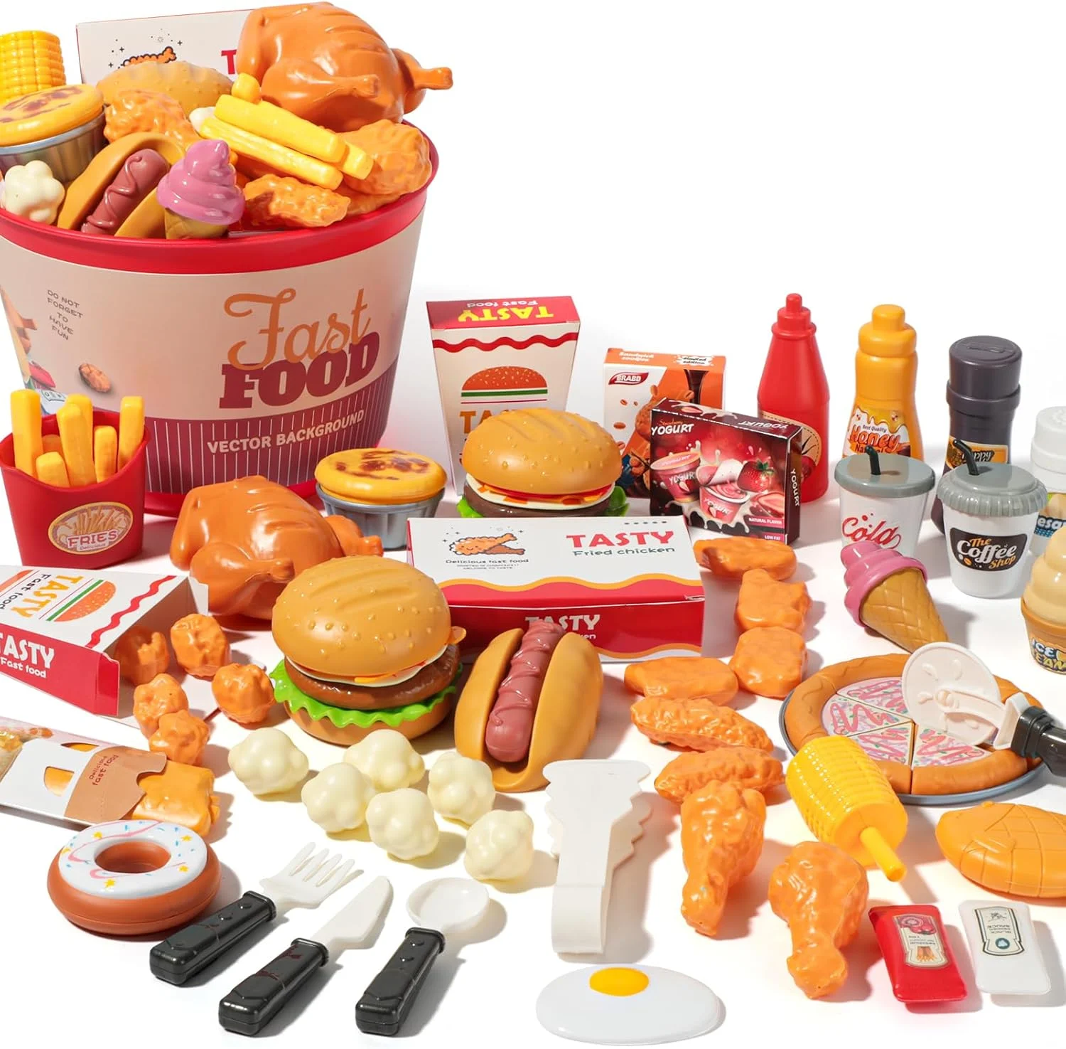 

Набор из 80 игрушечных продуктов для детской кухни (для детей 3-5 лет), набор фастфуда с ведром для хранения: пицца, бургер, мороженое, хот-дог