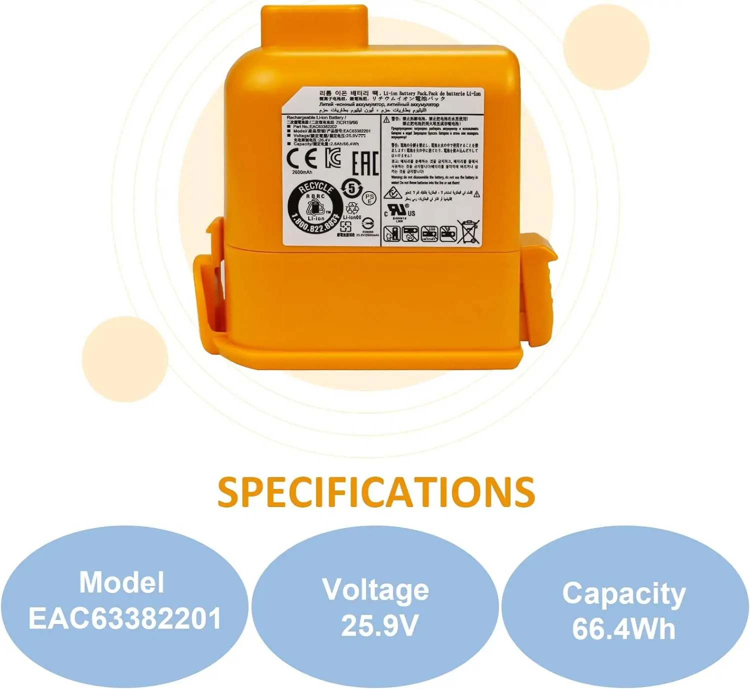 25.55V 2600mAh Battery For LG Cord Zero A9/A9+/PLUS A905M A907GMS A9 MAX A9MASTER2X A958/SK/SA Series EAC63758601 EAC63382208