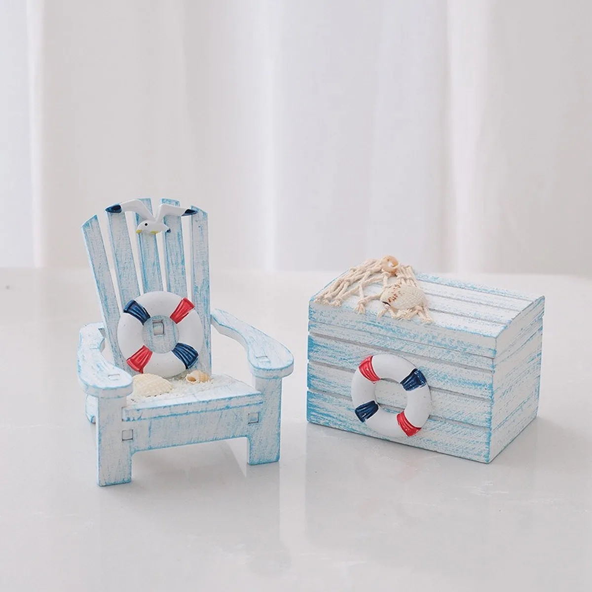 Mediterranean Mini Beach Chair and Box Decor Sets Pine Wood Coastal Table Ornaments