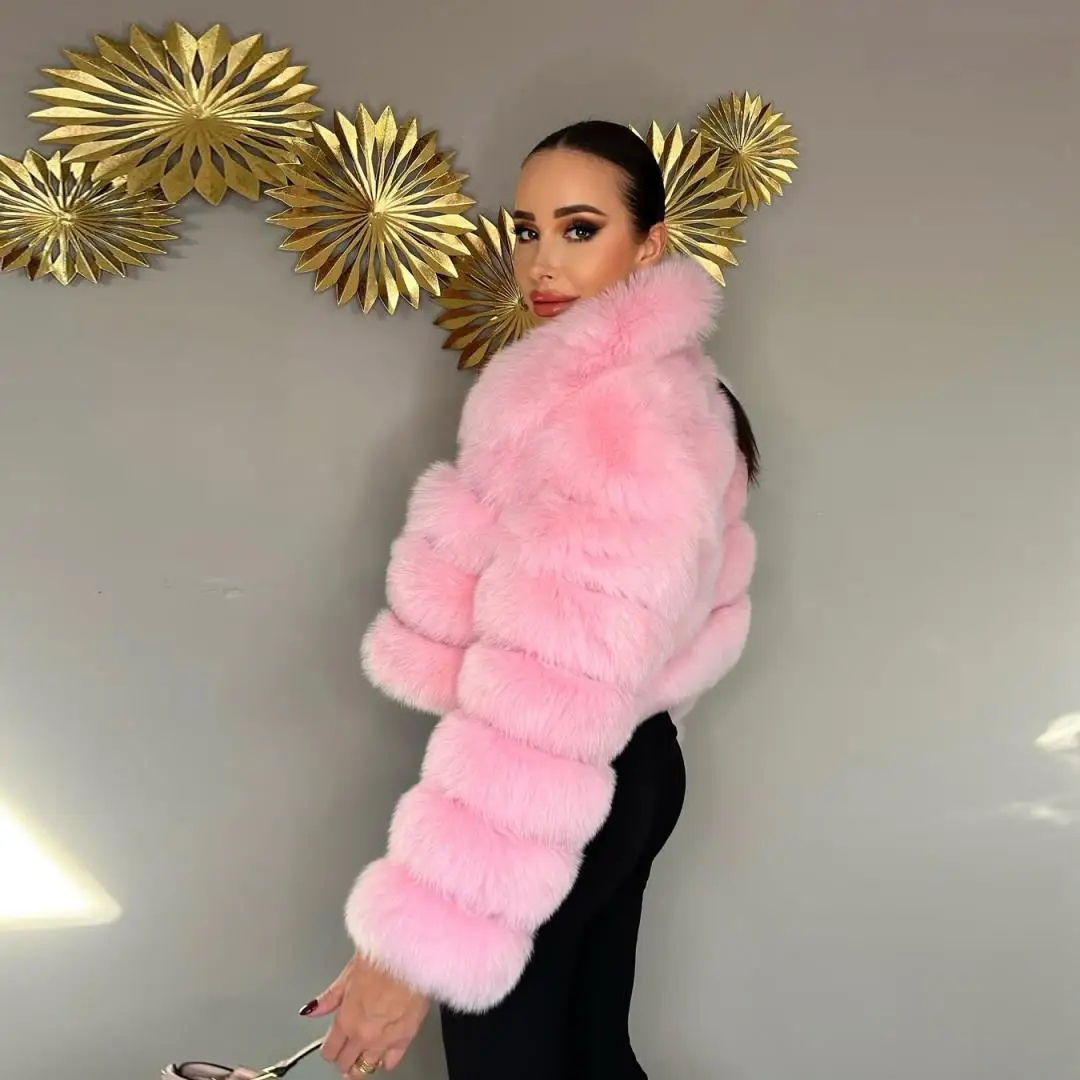 Fashion Pink Short Real Fox Fur Coat Lapel Collar Full Pelt Genuine Fox Fur Jacket with Zipper Winter Woman Thick Fur Outwear