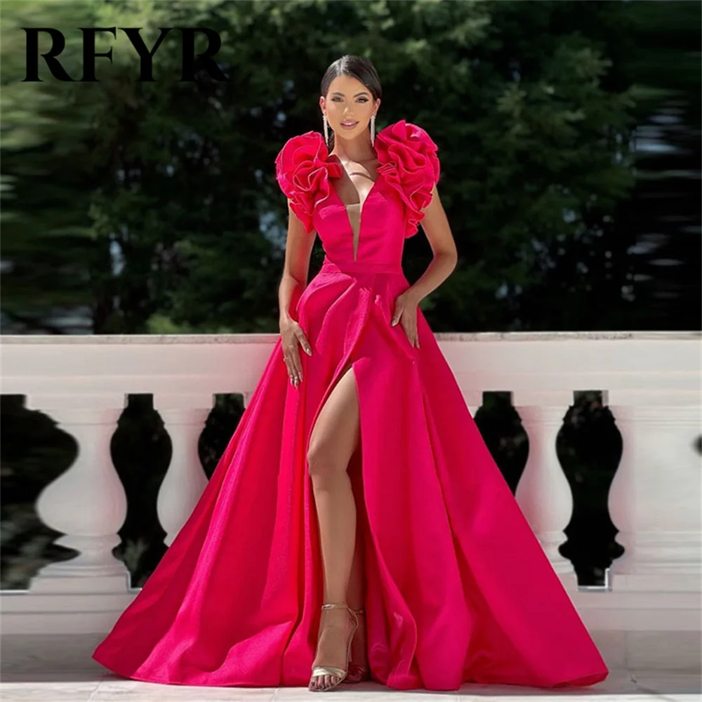 

RFYR Sexy A Line Prom Dress Fuchsia Edge Curl Shoulder Evening Dress V-neck Satin Party Dress Gown Vestidos De Noche Customized