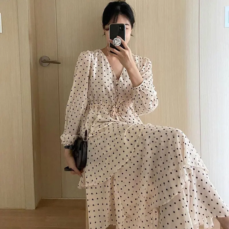 

Clothland Women Fashion Polka Dot Dress V Neck Sashes Ruffles Layers Long Sleeve One Piece Vintage Midi Dresses Mujer QB382