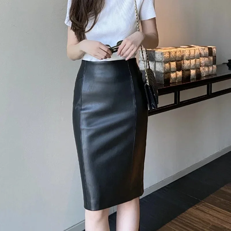 SETWIGG Womens Winter Faux Leather Midi Pencil Skirts High Waist Zipper Back Split PU Leather Bodycon Below Knee Office Skirt — zdjęcie 2