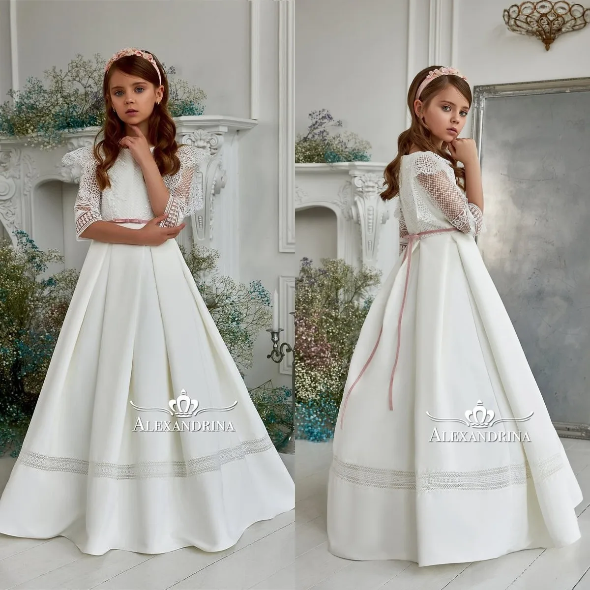 Elegant Satin Flower Girl Dresses Boho Half Sleeve Lace Little Kids Birthday Party Dresses Ball Gown First Communion Dress