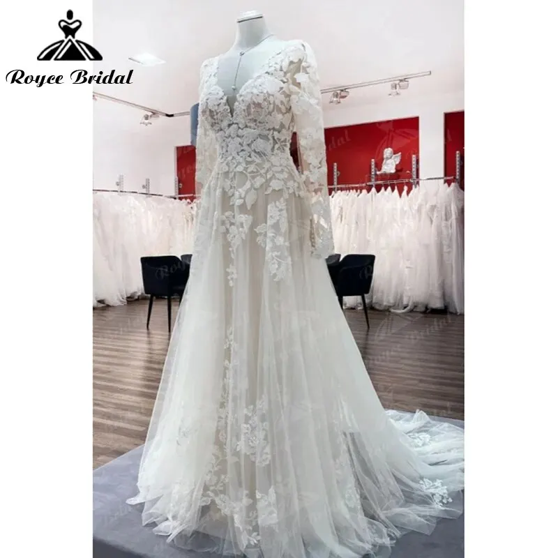 Exquisite V-neck Full Cap Sleeve Sexy Back Button Lace Appliques A-Line Wedding Dress Tulle Bridal Gown Sweep Boho vestidos robe