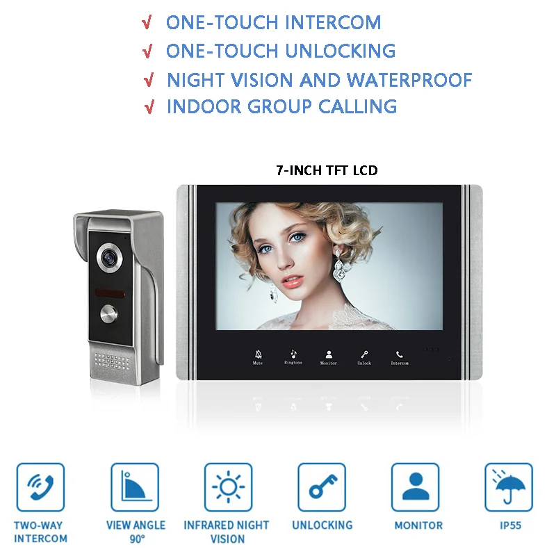 

7-Inch Villa Video Intercom Doorbell One-Touch Unlock Night Vision Rainproof Smart Visual Doorbell Home Color Video Entry Phone