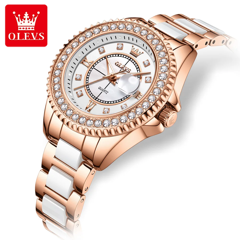OLEVS 3685 Elegant Diamond  Women's Watch with Ceramics Strap Original Quartz Luxury Ladies Wristwatch Christmas Gift