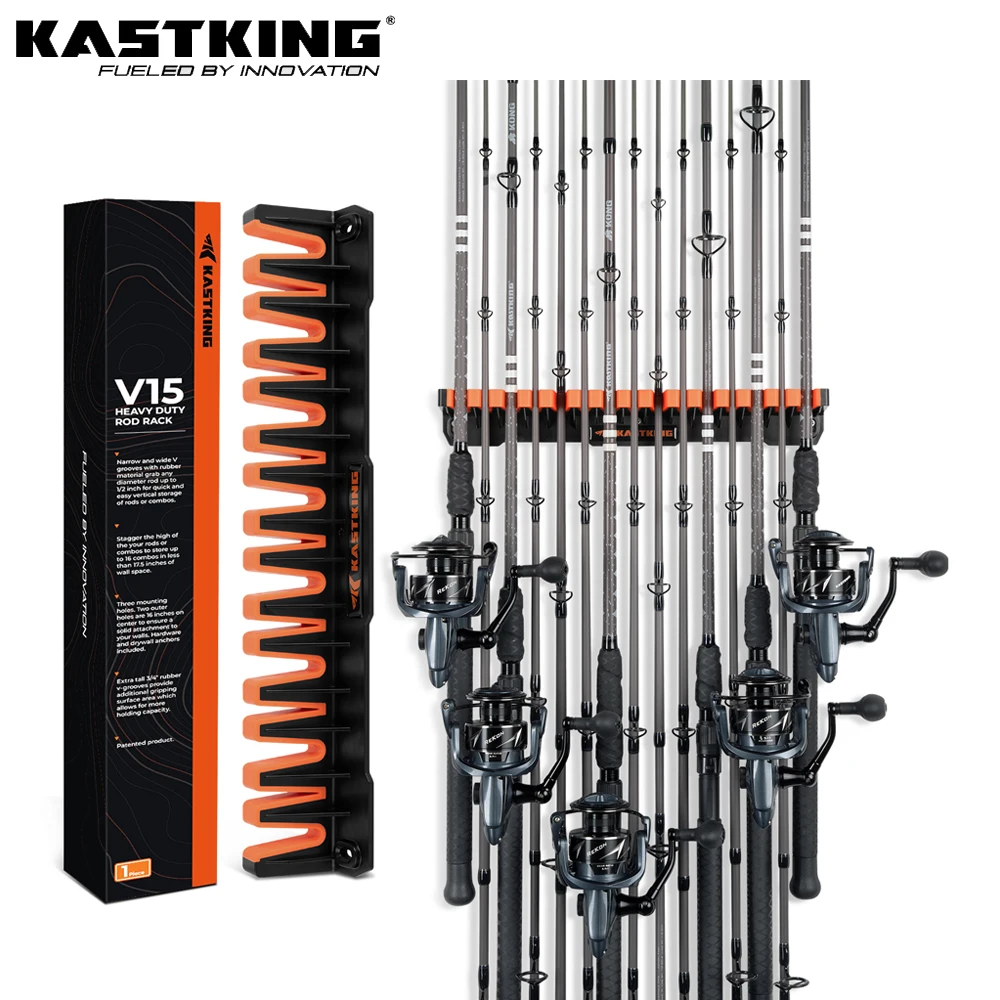 KastKing Patented V15 Vertical Fishing Rod Holder Wall Mounted Fishing Rod Rack, Store 15 Rods or Fishing Rod Combos in 18 Inch 