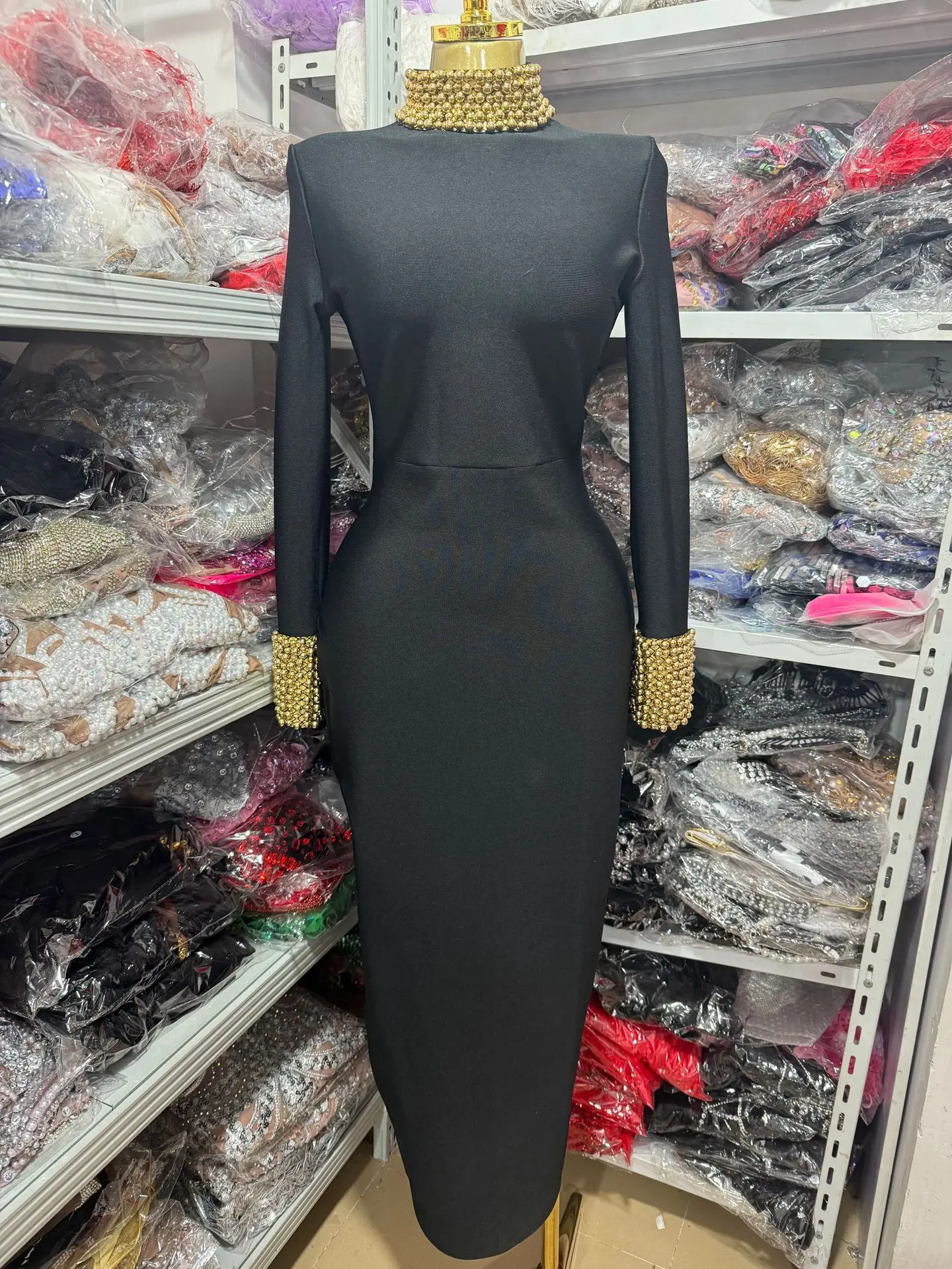 

2025 Summer Women's New Gold Studded Backless Black Bandage Dress, Elegant Socialite Style, Slim Fit Long Sleeve Evening Gown